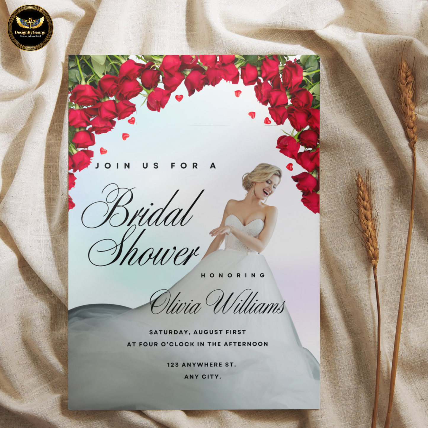 Pastel Shimmer Bridal Shower Invitation Template, Real Bride Twirling, Red Floral Arch, Elegant Bridal Shower Invite, Editable Canva