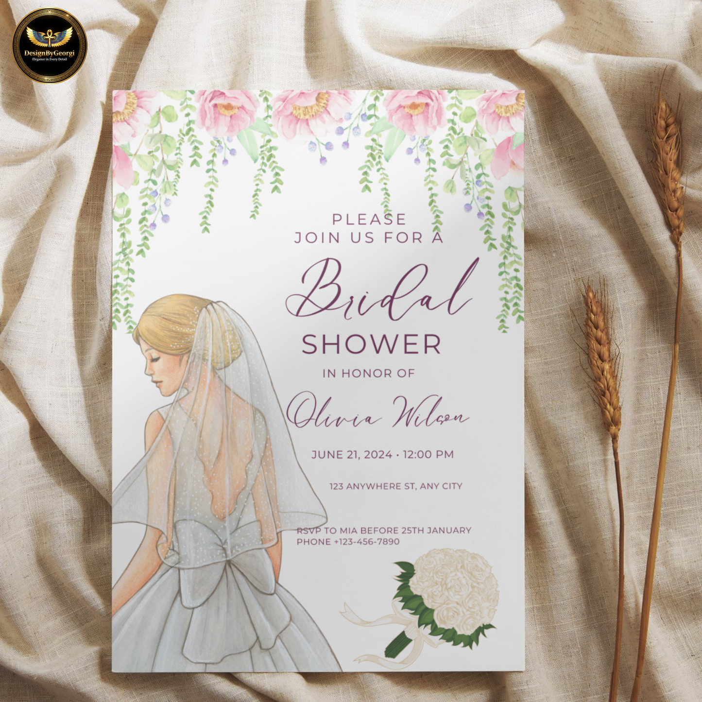 Pink Watercolor Bridal Shower Invitation Template, White Background, Floral Arch with Hanging Branches, Watercolor Bride, Editable Canva