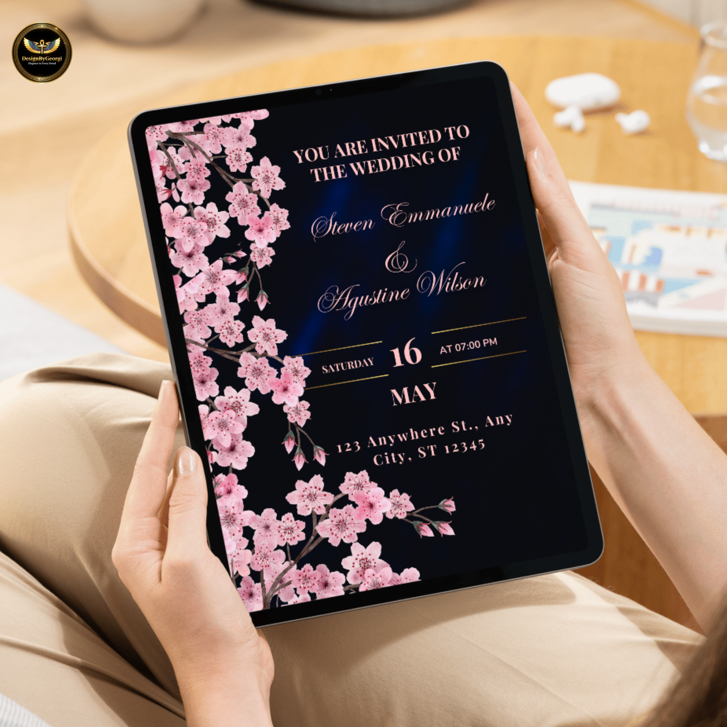 Navy & Blush Velvet Luxury Wedding Invitation Template, Editable Canva Wedding Suite, Elegant Navy Blue Blush Pink Rose Invite