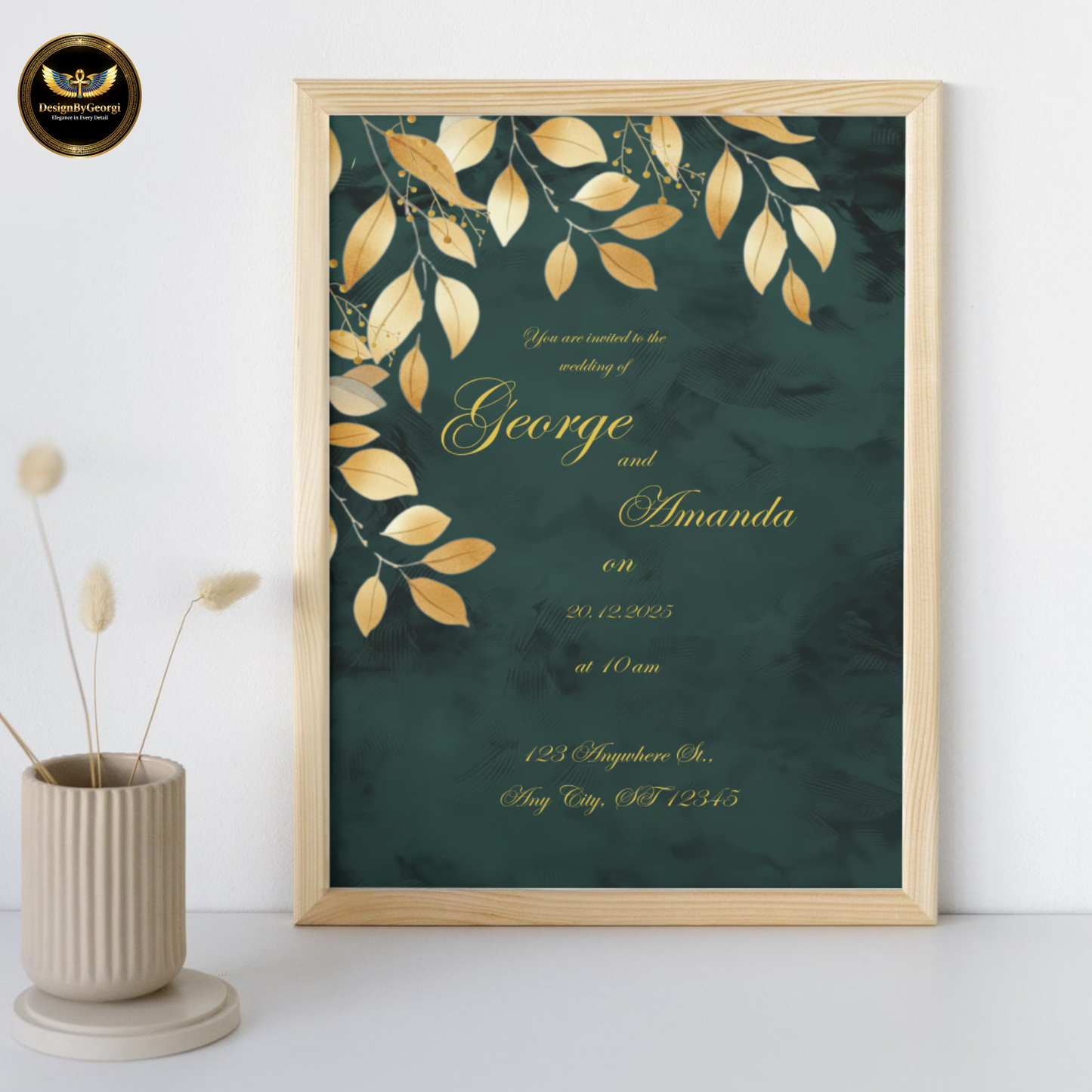 Emerald Velvet Wedding Invitation, Golden Leaf Botanical Design, Luxury Elegant Invite, Editable Canva Main & Digital Version