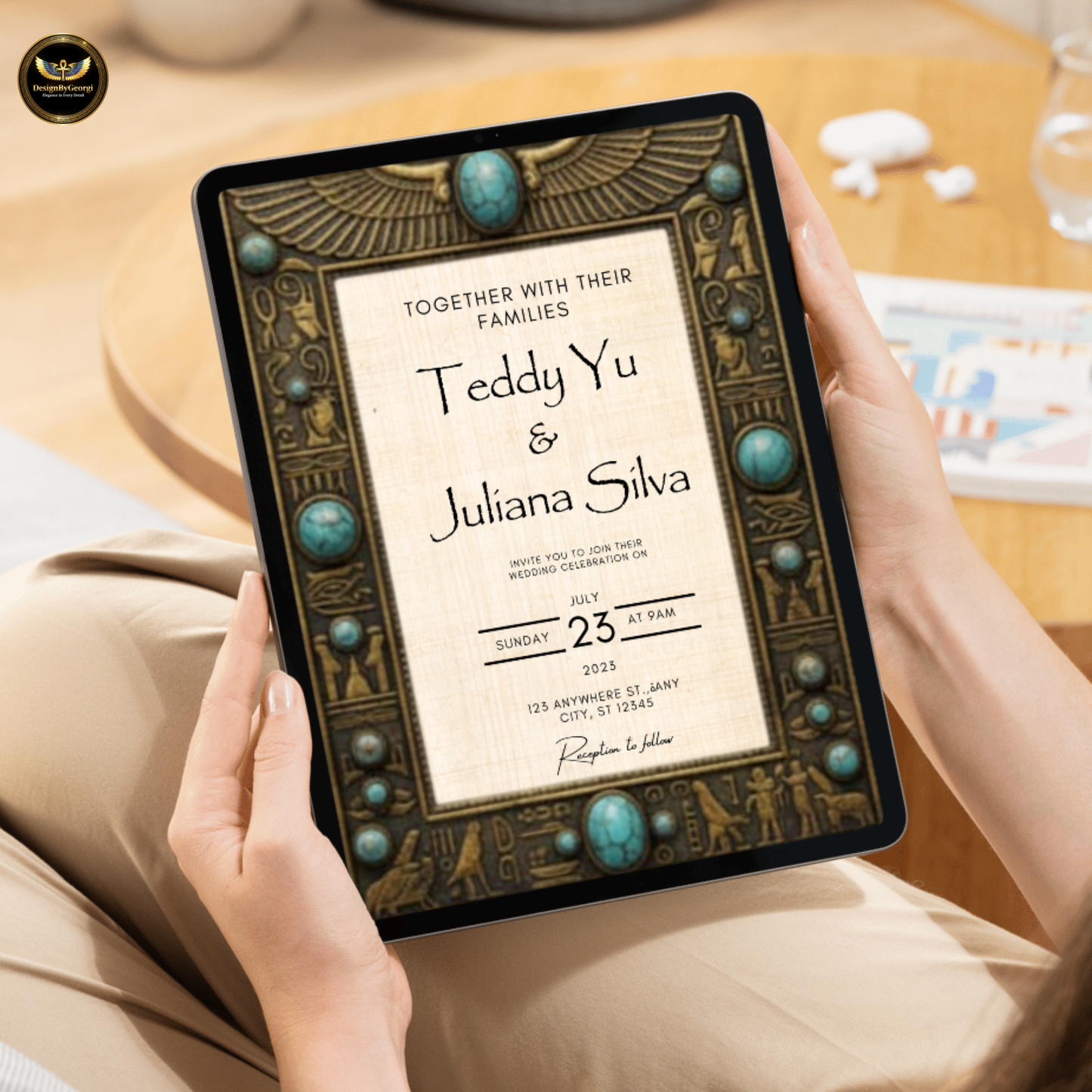 Vintage frame – Turquoise jewelry – Creamy papyrus background – Egyptian luxury style