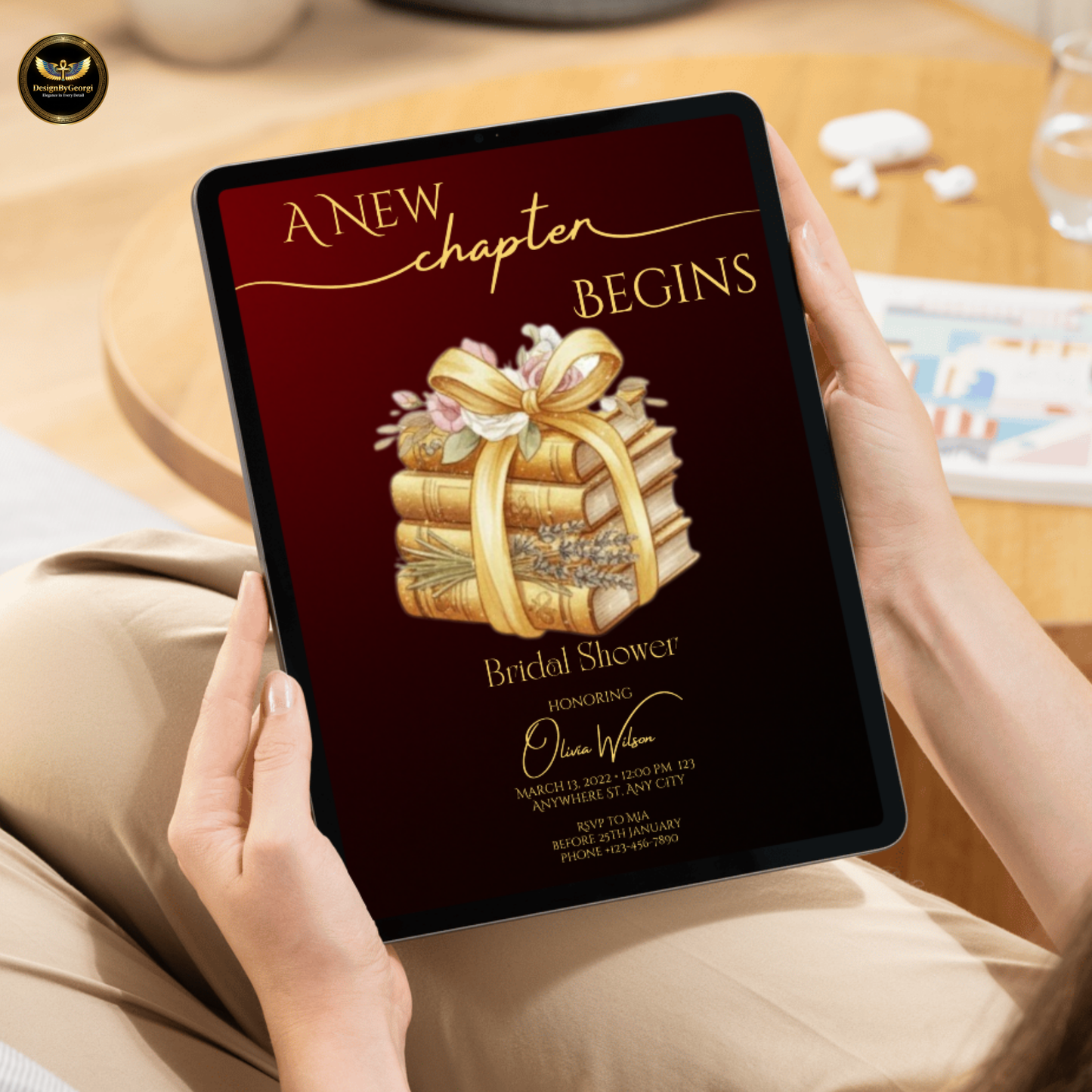 New Chapter Begins – Burgundy & Gold Bridal Shower Invitation