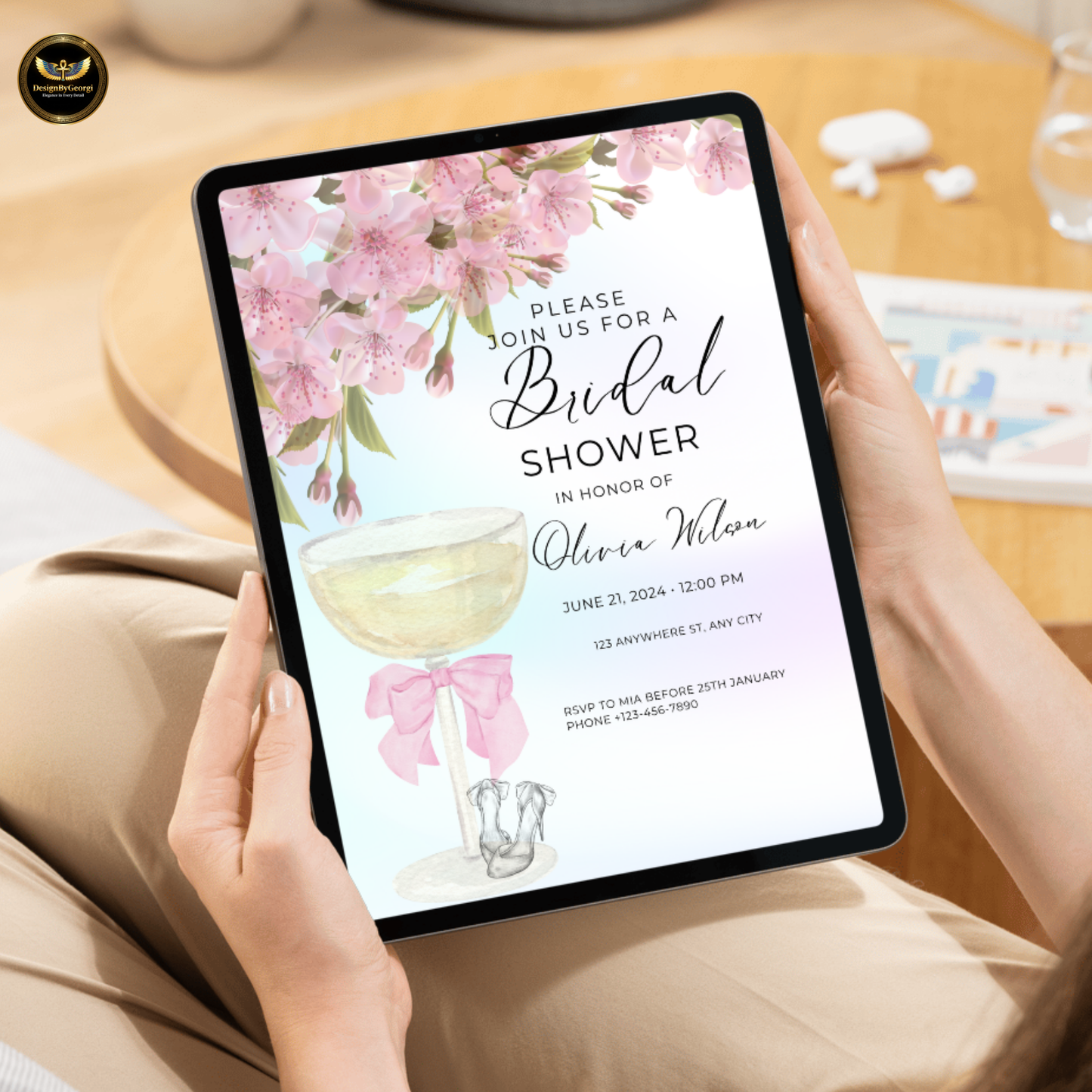 Elegant Pastel Pink Bridal Shower Invitation with Champagne Glass, Pink Bow, Wedding Shoes, Pink Floral Accents, Editable Canva Template, Digital & Printable