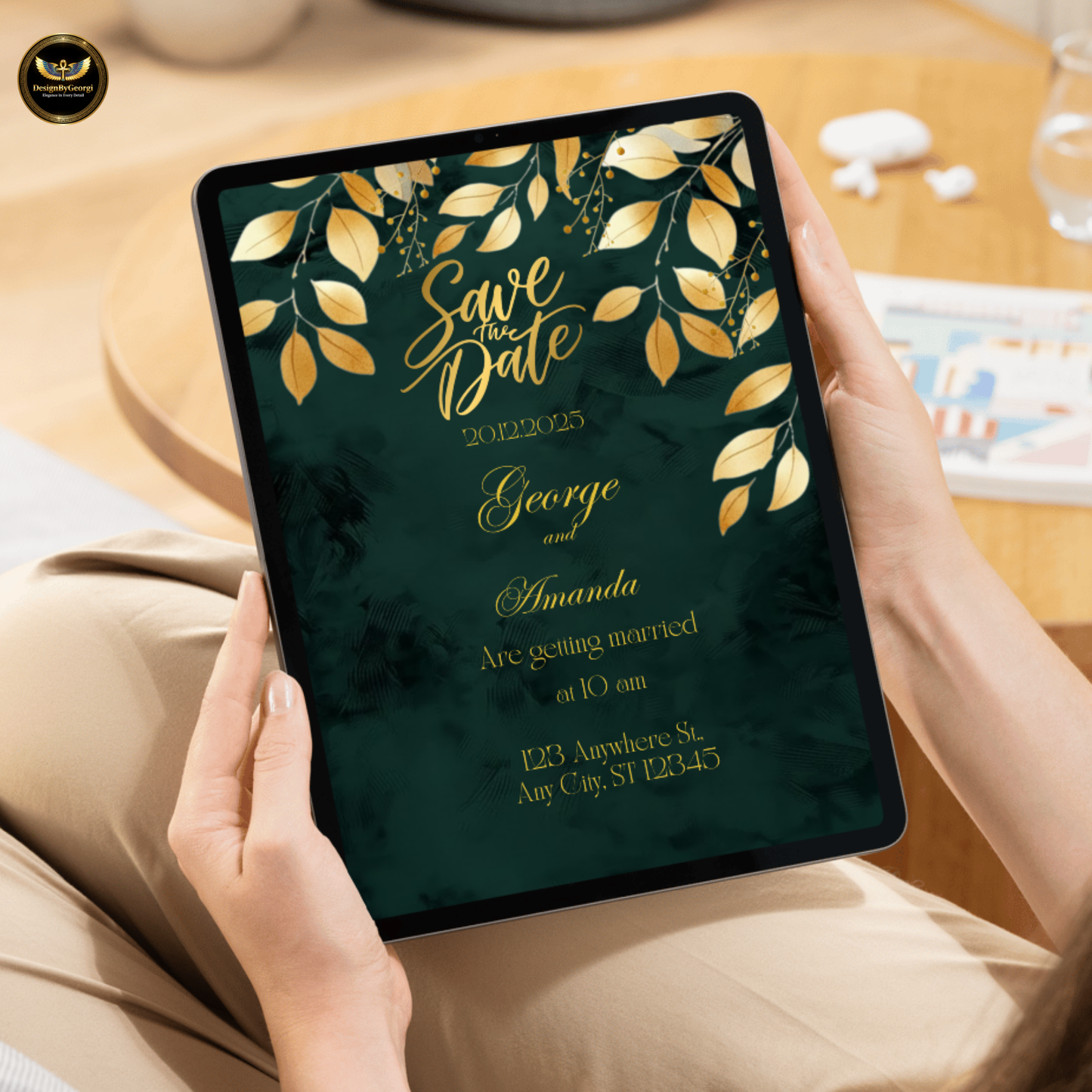 Emerald Velvet Wedding Invitation Suite – New Edition, Golden Leaf Botanical Design, Luxurious Elegant Editable Canva Set