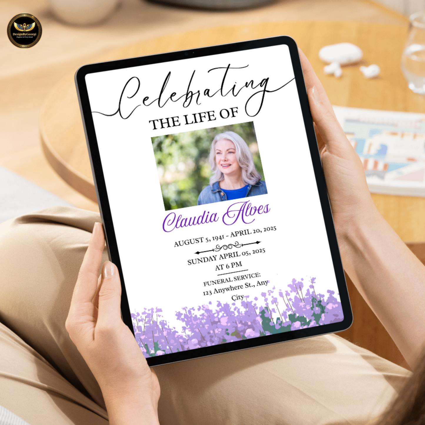Funeral Invitation Template White Background with Soft Mauve Florals Editable Canva Memorial Digital Download