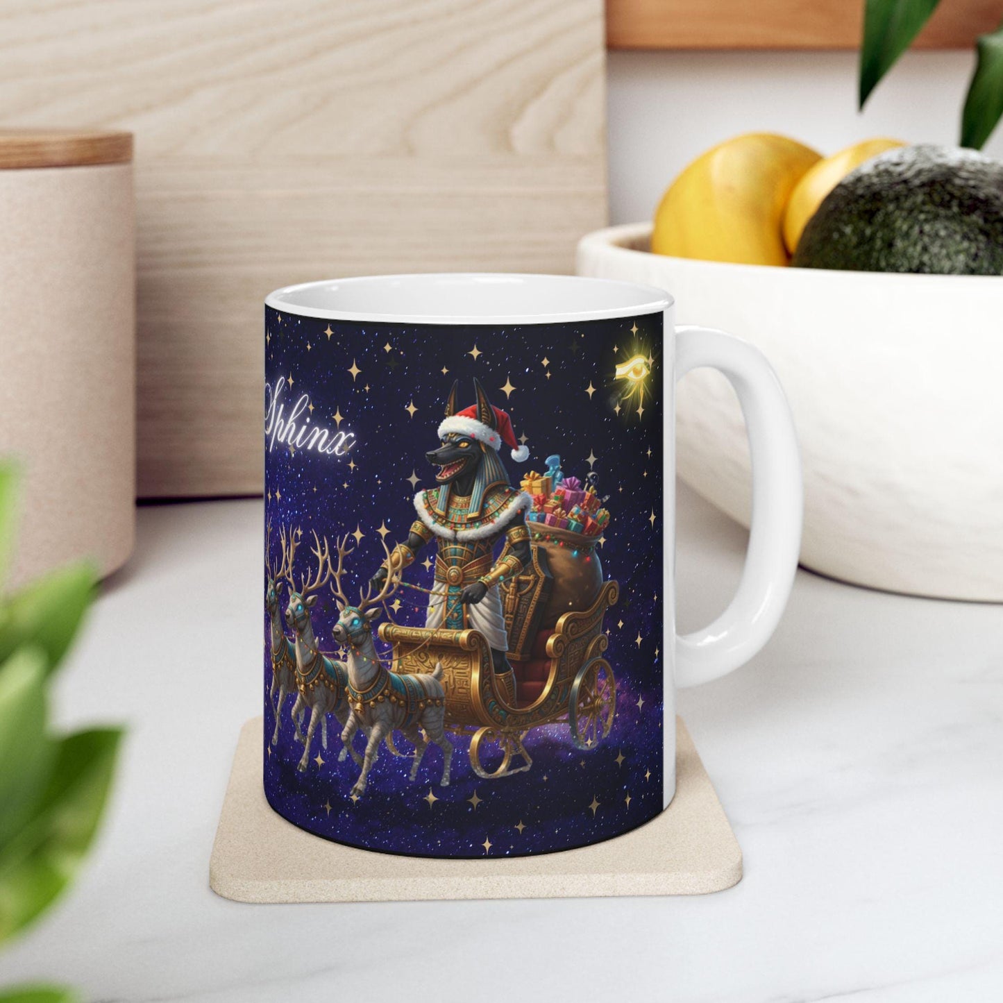 Egyptian Christmas Mug - Anubis Santa Sphinx Holiday Cup - Unique Pharaoh Christmas GiftMerry Sleigh Night reindeer sleigh Mug | Christmas