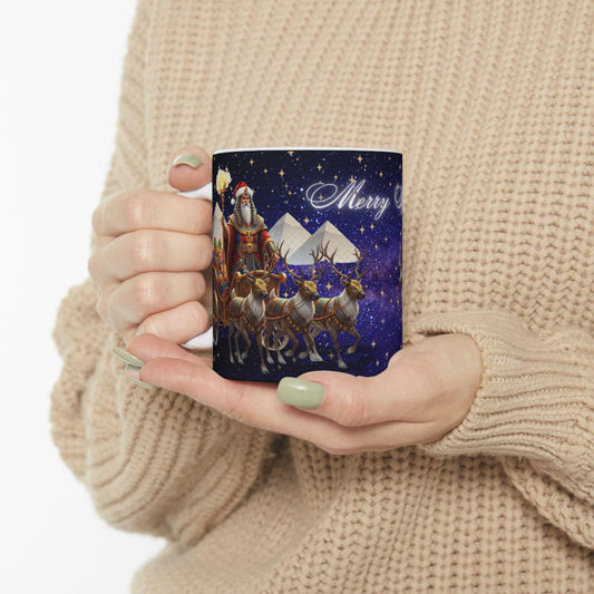 Egyptian Christmas Mug - Anubis Santa Sphinx Holiday Cup - Unique Pharaoh Christmas GiftMerry Sleigh Night reindeer sleigh Mug | Christmas