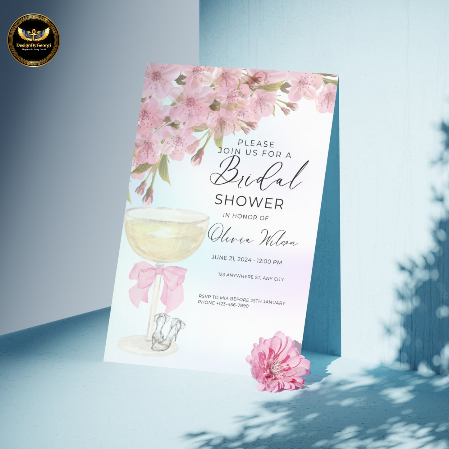 Elegant Pastel Pink Bridal Shower Invitation with Champagne Glass, Pink Bow, Wedding Shoes, Pink Floral Accents, Editable Canva Template, Digital & Printable