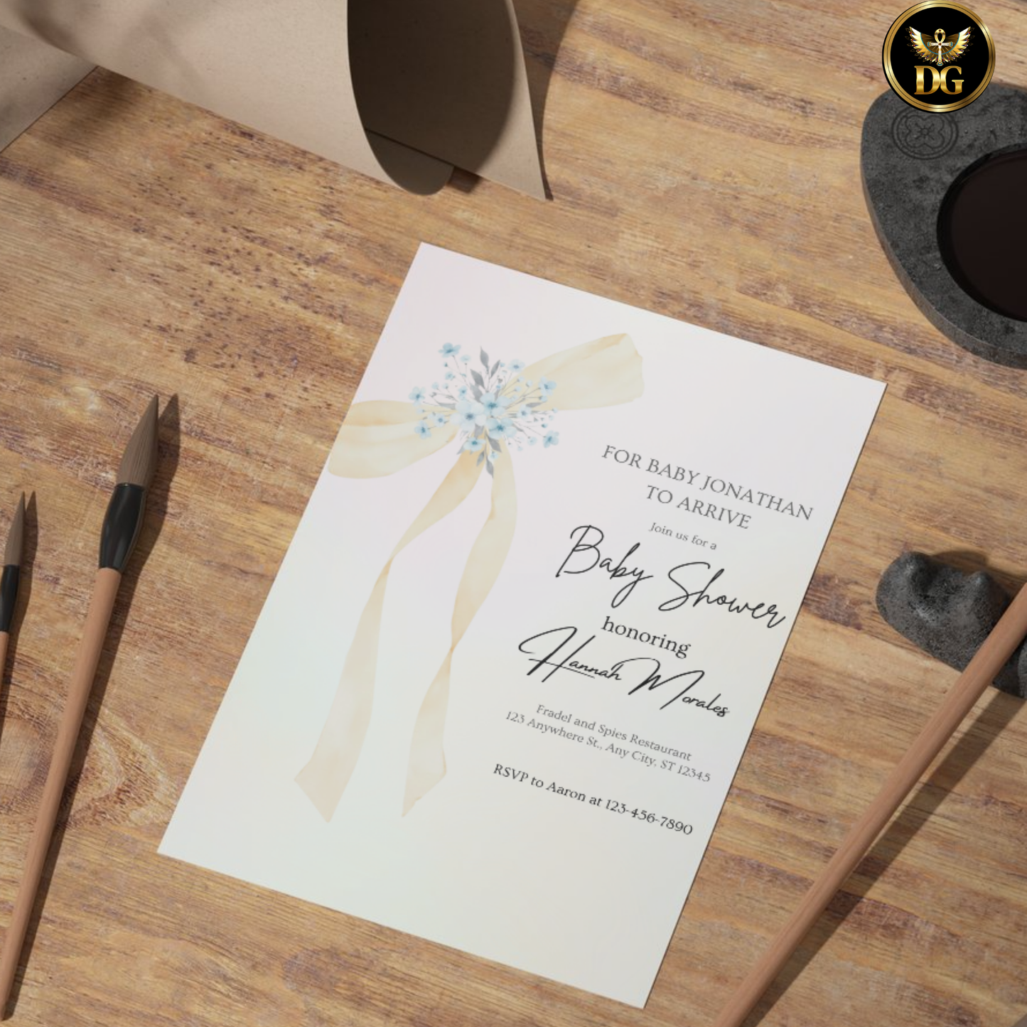 Yellow Ribbon Bow Baby Shower Invitation | Pastel Pink & Blue Editable Canva Template