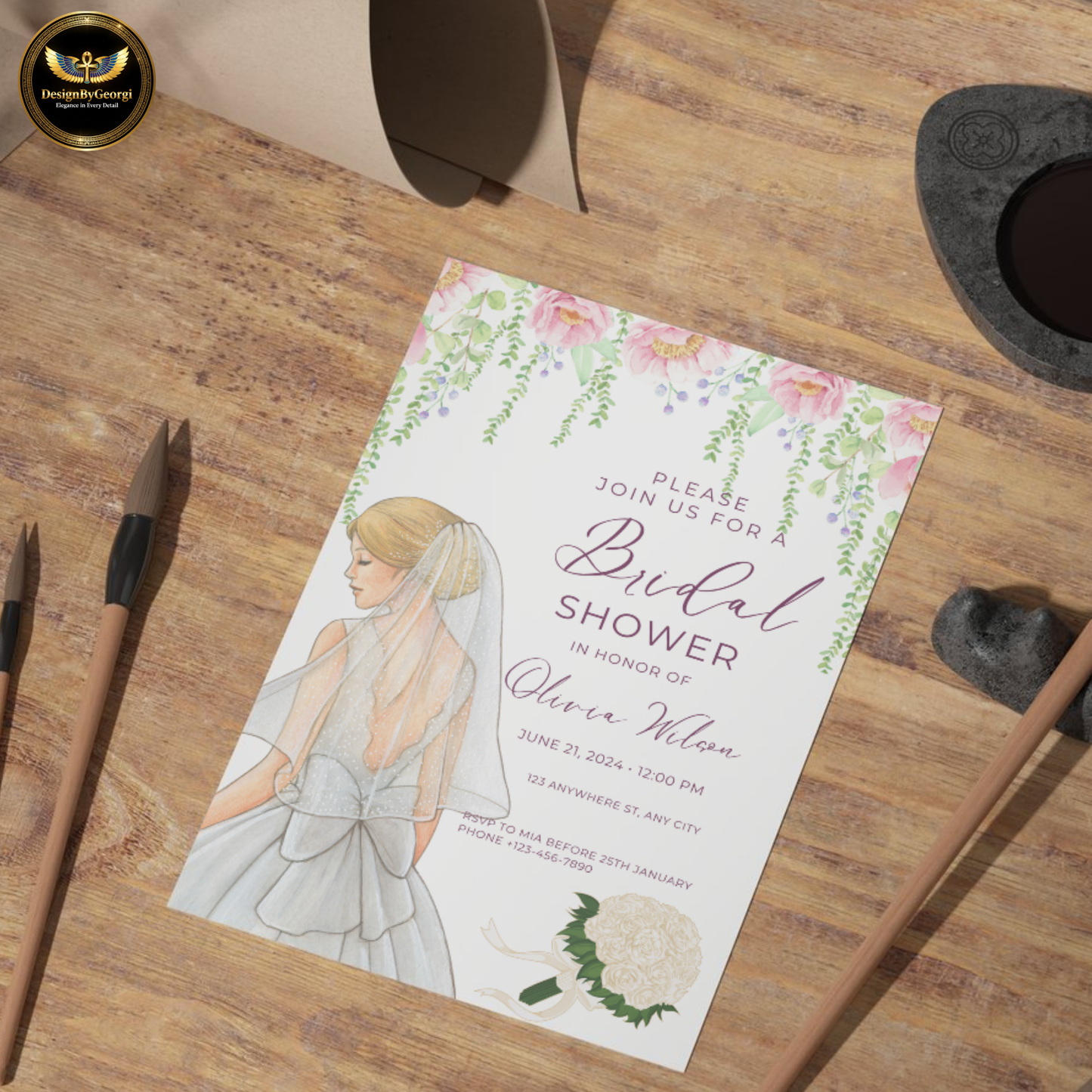 Pink Watercolor Bridal Shower Invitation Template, White Background, Floral Arch with Hanging Branches, Watercolor Bride, Editable Canva