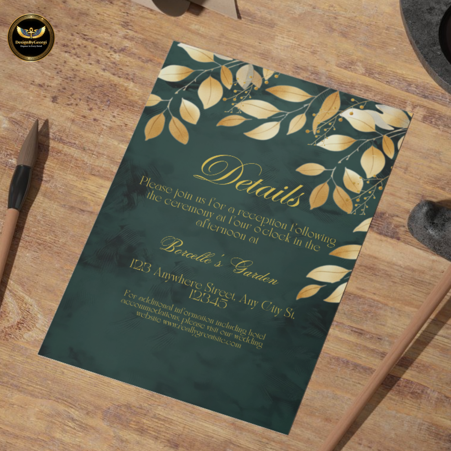 Emerald Velvet Wedding Invitation Suite – New Edition, Golden Leaf Botanical Design, Luxurious Elegant Editable Canva Set