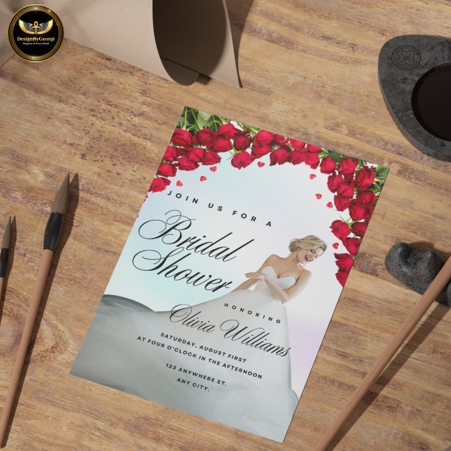 Pastel Shimmer Bridal Shower Invitation Template, Real Bride Twirling, Red Floral Arch, Elegant Bridal Shower Invite, Editable Canva