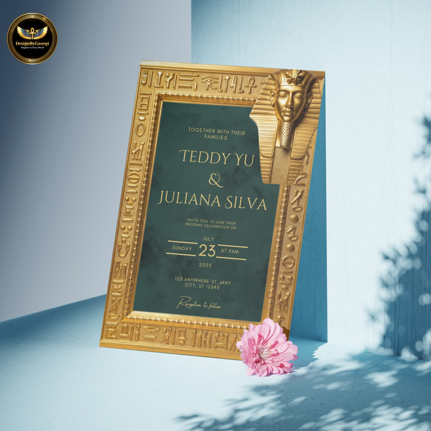 Emerald Velvet Egyptian Wedding Invitation – Gold Hieroglyphic Frame & Tutankhamun Mask