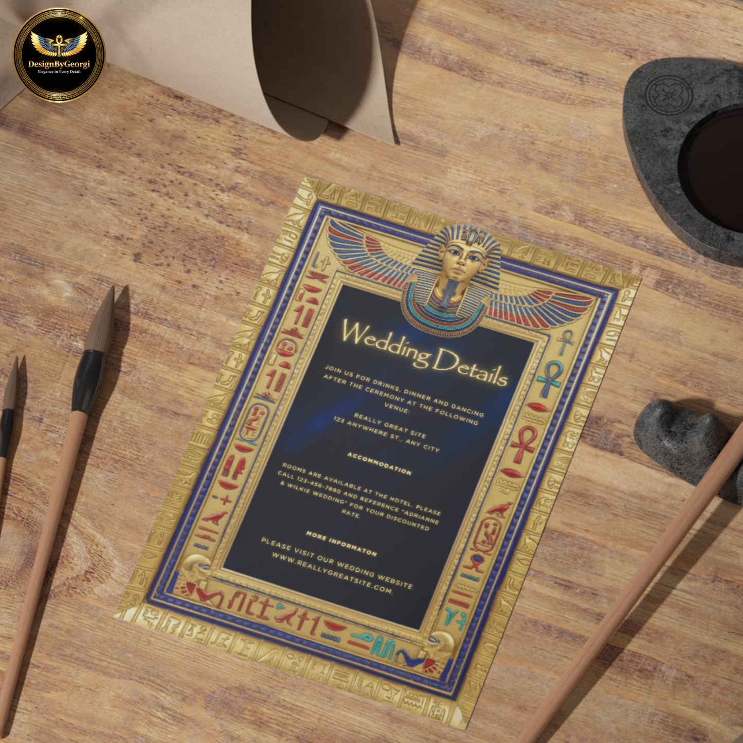 Navy Velvet Egyptian Wedding Invitation – Gold Hieroglyphic Frame & Tutankhamun Mask