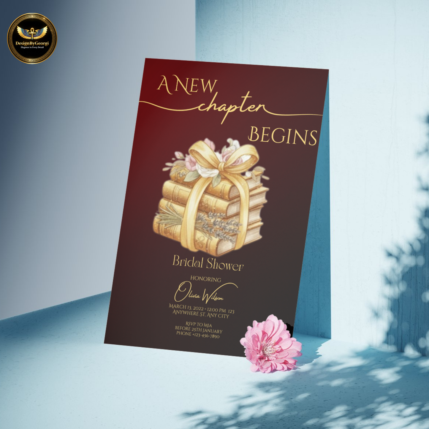 New Chapter Begins – Burgundy & Gold Bridal Shower Invitation