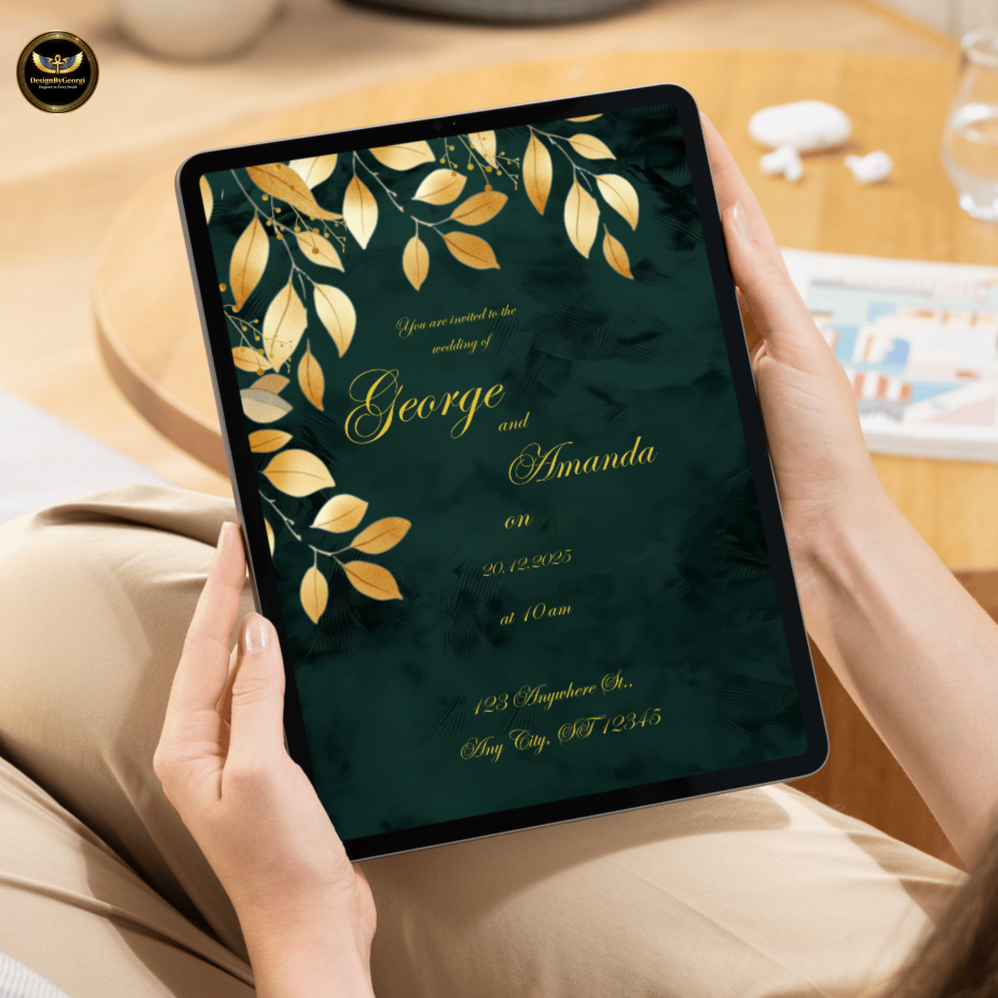 Emerald Velvet Wedding Invitation, Golden Leaf Botanical Design, Luxury Elegant Invite, Editable Canva Main & Digital Version