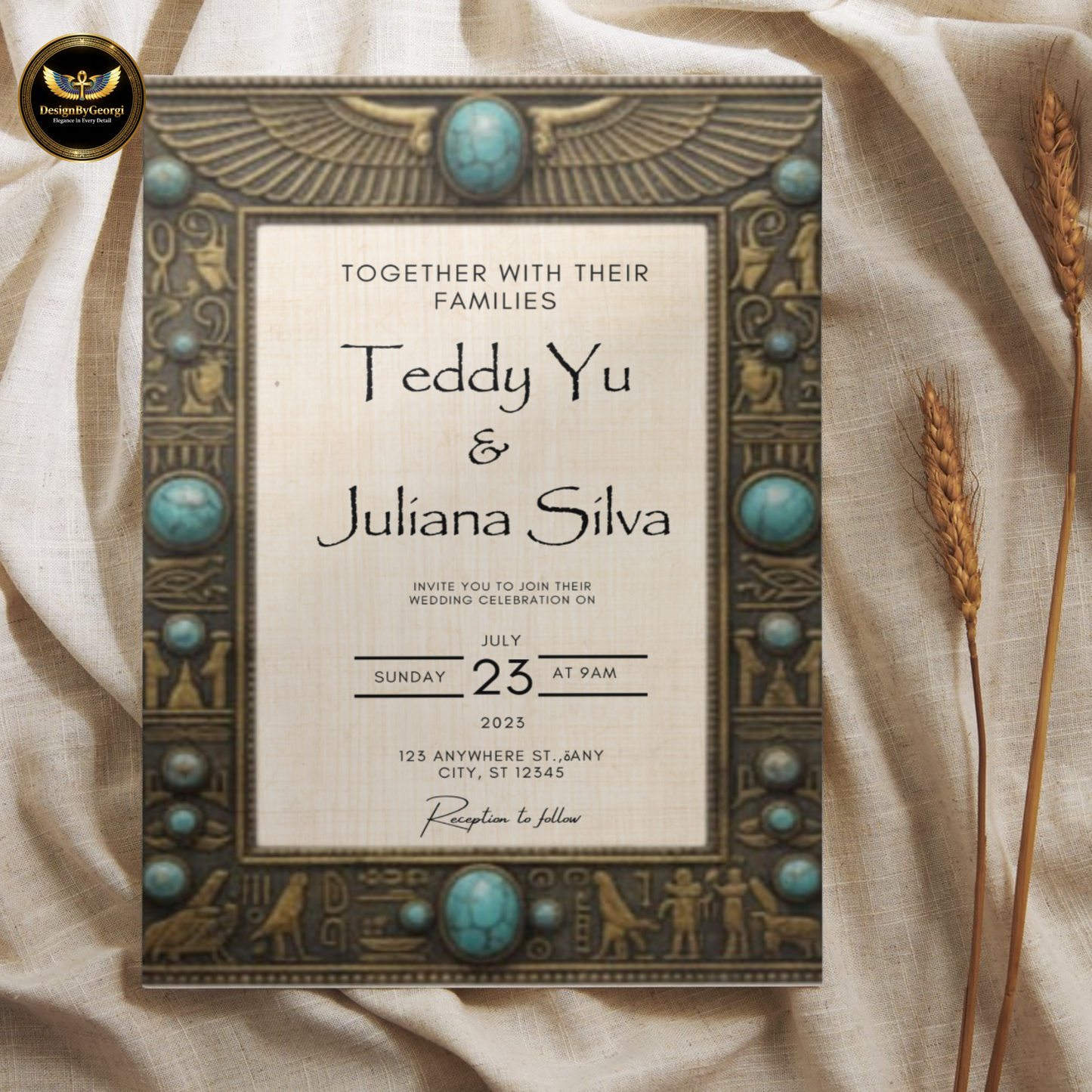 Vintage frame – Turquoise jewelry – Creamy papyrus background – Egyptian luxury style