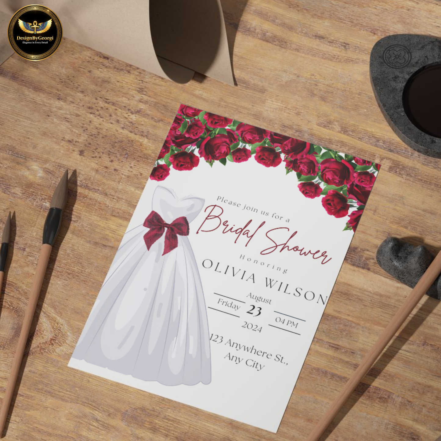Red Floral Bridal Shower Invitation Template, White Wedding Dress with Red Bow, Elegant Bridal Shower Invite, Editable Canva
