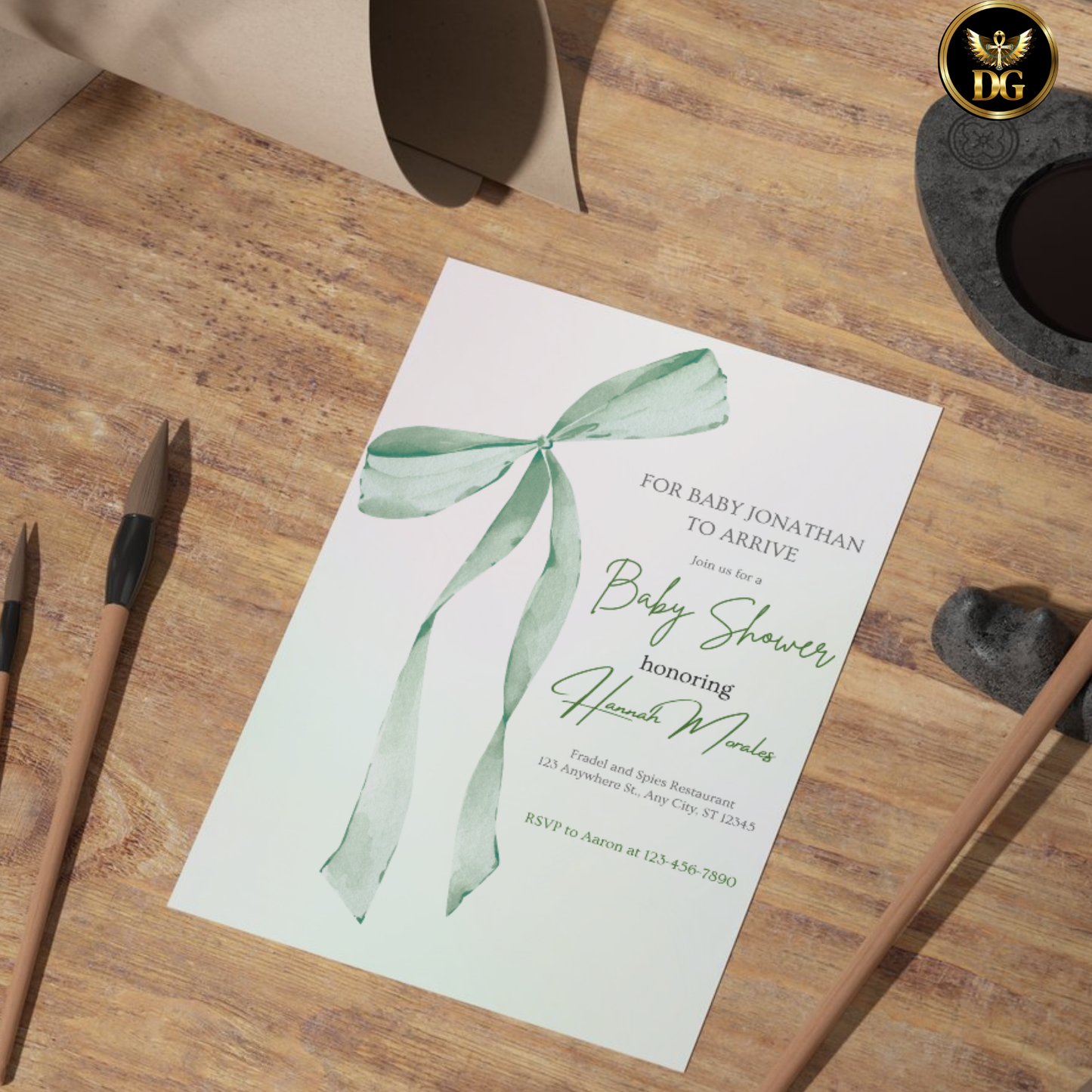 Pastel Mint Green Pink Baby Shower Invitation Template | Editable Canva Digital | Long Ribbon Bow Diaper Raffle, Books for Baby Suite