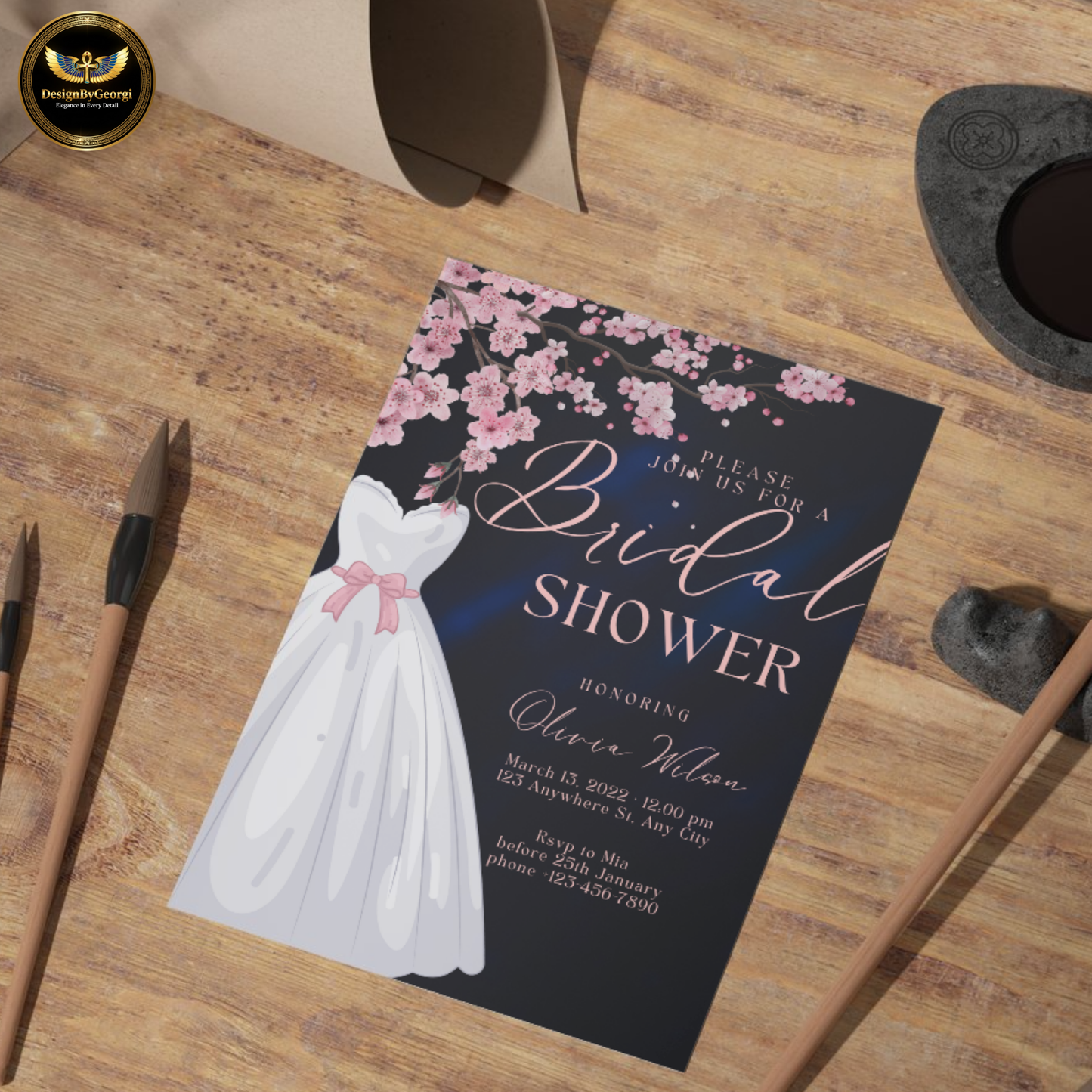 Dusty Rose Bridal Shower Invitation: Cherry Blossom, Navy Digital Template Printable Invitation Template Editable Canva Instant Download