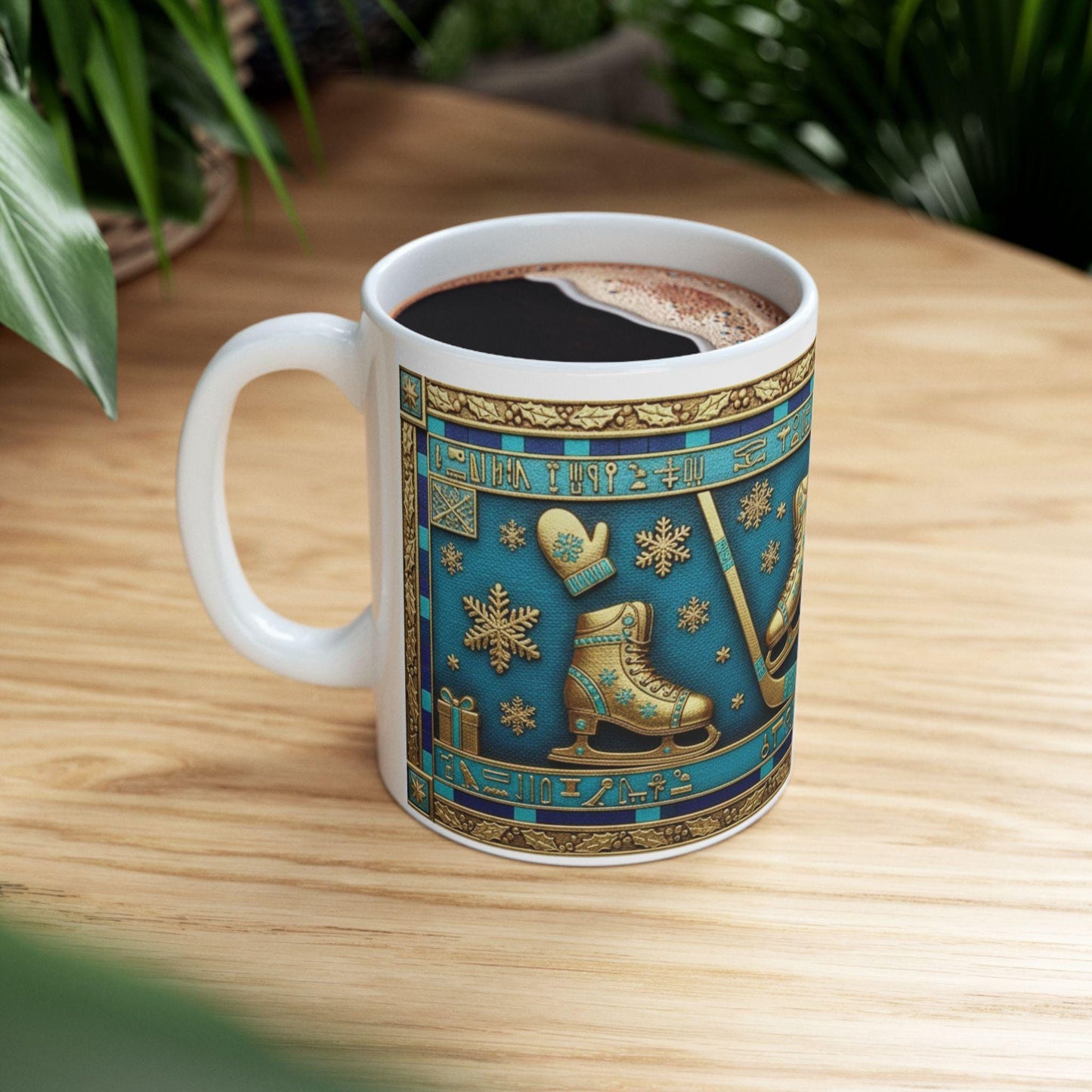 Vintage Ice Skates Christmas Mug | Holiday Snowflake Ceramic MugGilded Holiday Mug with Egyptian Blue & Pharaonic Accents