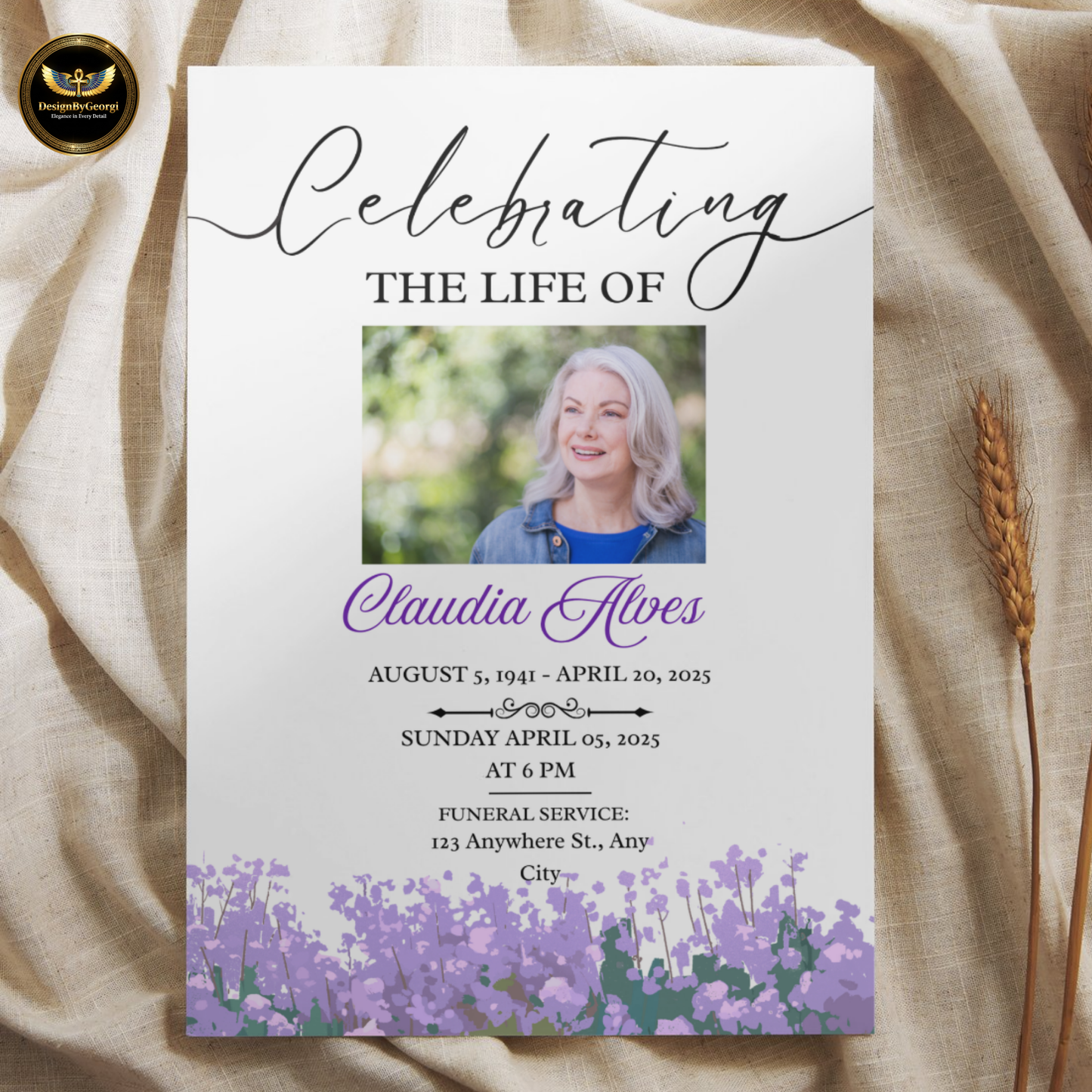 Funeral Invitation Template White Background with Soft Mauve Florals Editable Canva Memorial Digital Download
