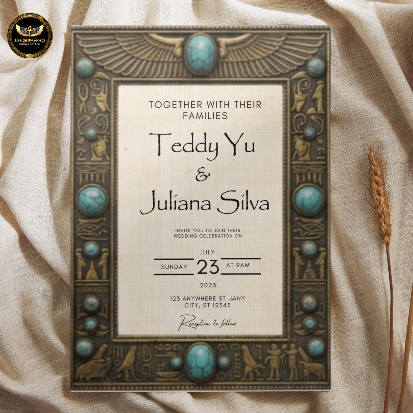 Vintage frame – Turquoise jewelry – Creamy papyrus background – Egyptian luxury style