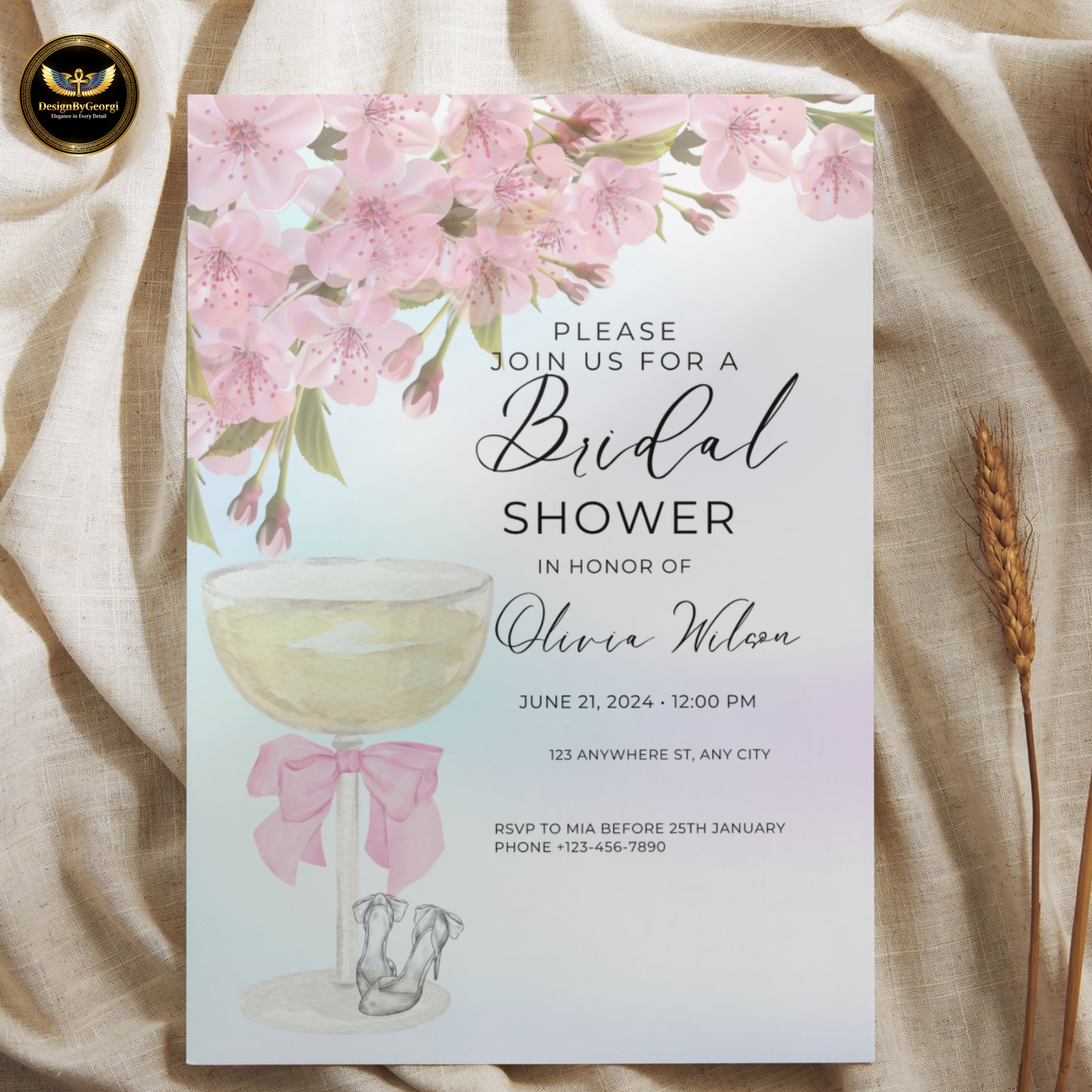 Elegant Pastel Pink Bridal Shower Invitation with Champagne Glass, Pink Bow, Wedding Shoes, Pink Floral Accents, Editable Canva Template, Digital & Printable