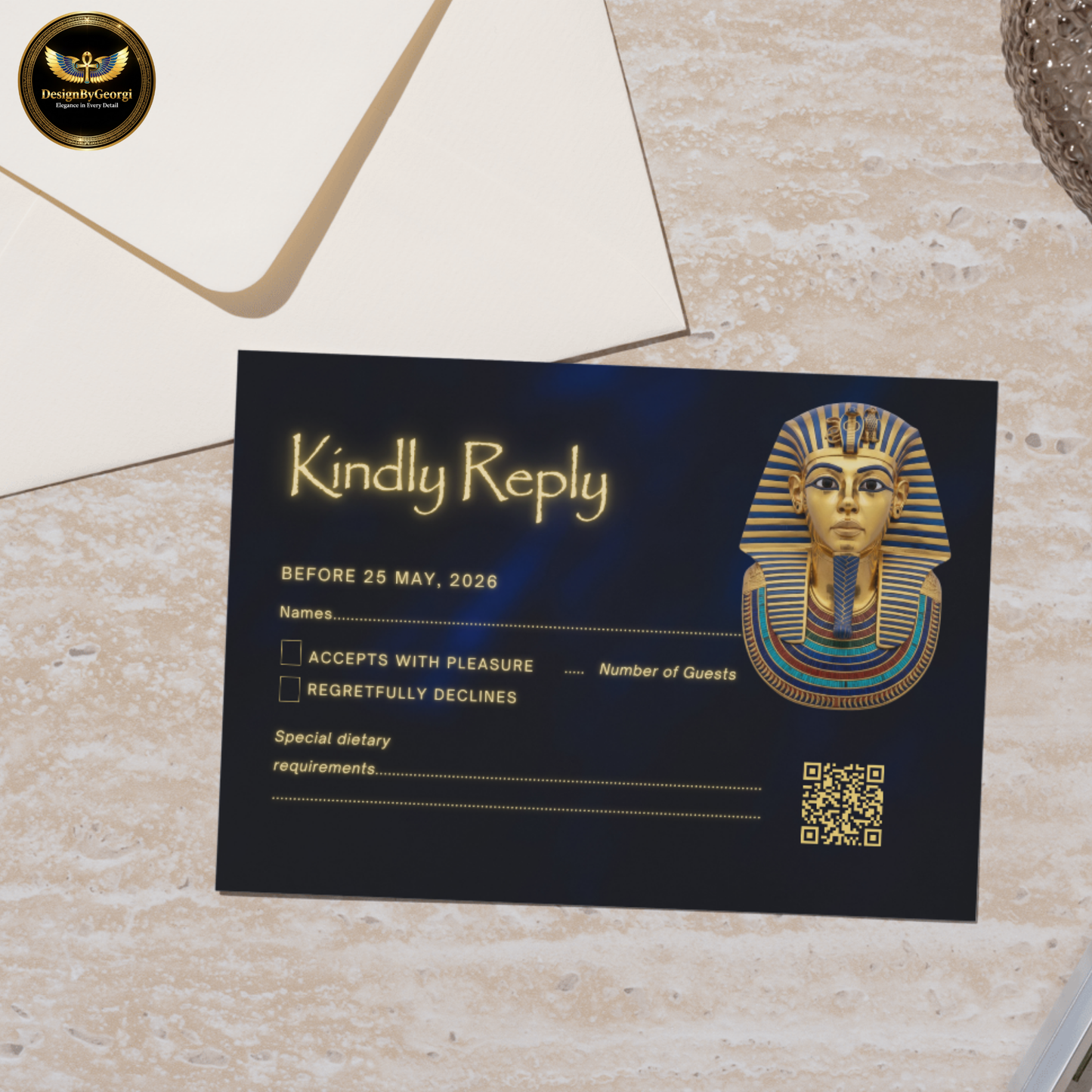 Navy Velvet Egyptian Wedding Invitation – Gold Hieroglyphic Frame & Tutankhamun Mask