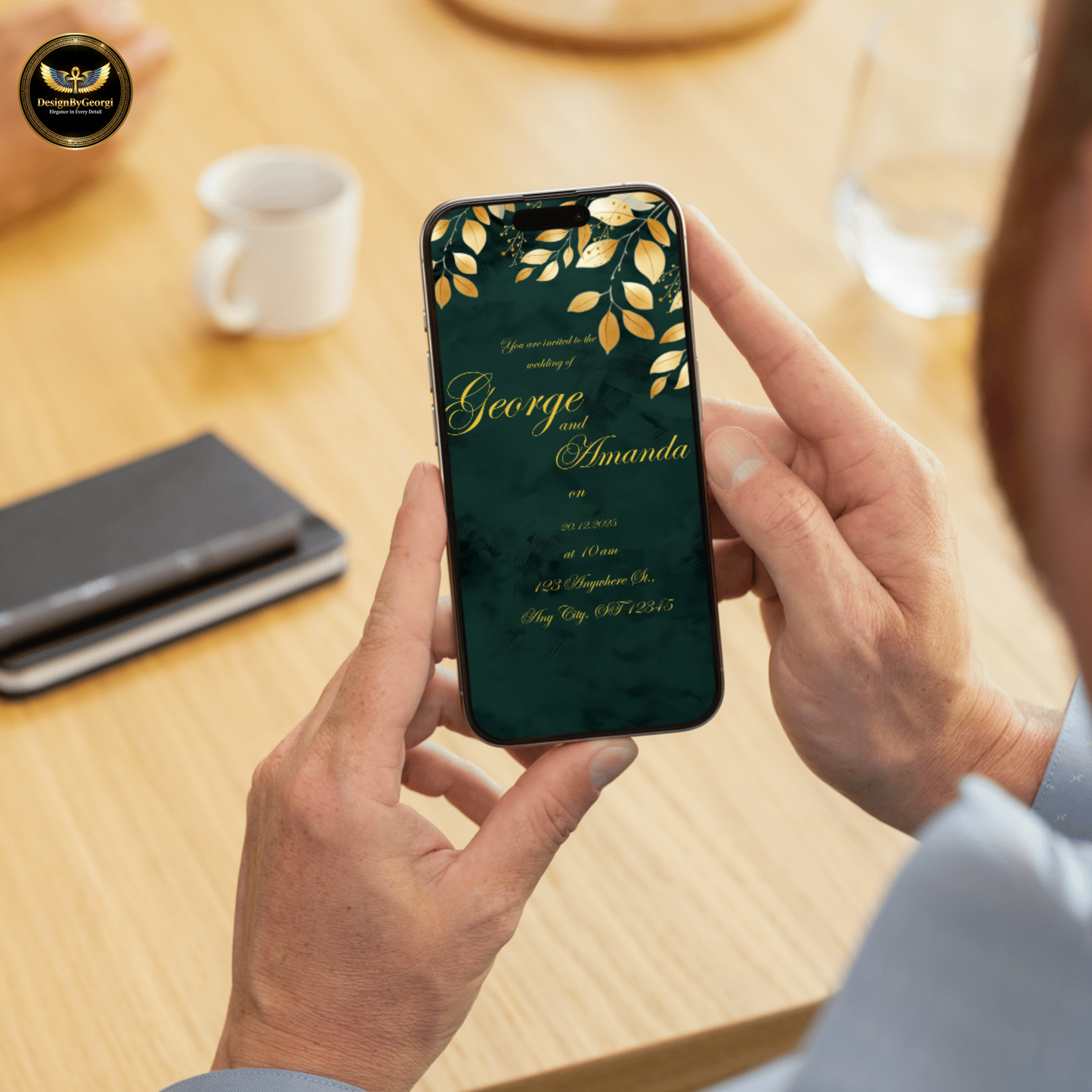 Emerald Velvet Wedding Invitation Suite – New Edition, Golden Leaf Botanical Design, Luxurious Elegant Editable Canva Set