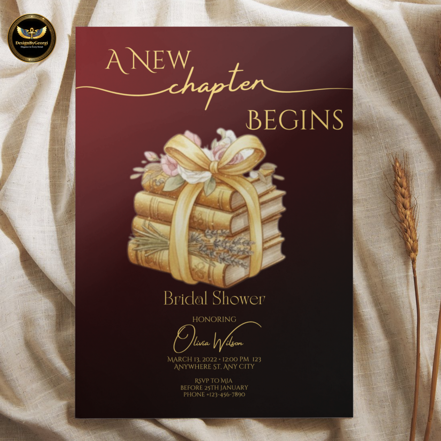 New Chapter Begins – Burgundy & Gold Bridal Shower Invitation