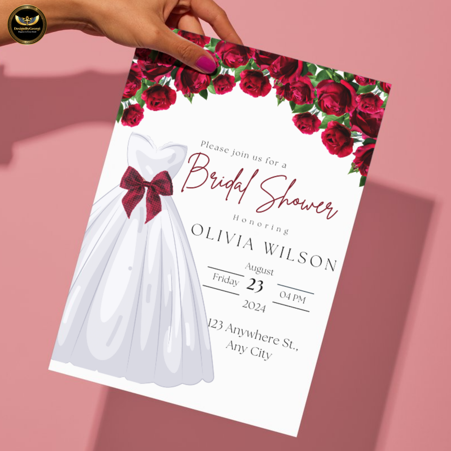 Red Floral Bridal Shower Invitation Template, White Wedding Dress with Red Bow, Elegant Bridal Shower Invite, Editable Canva