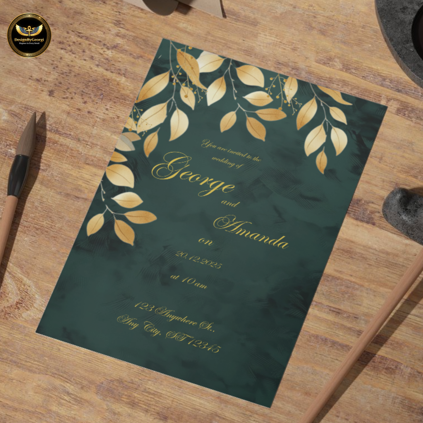 Emerald Velvet Wedding Invitation, Golden Leaf Botanical Design, Luxury Elegant Invite, Editable Canva Main & Digital Version