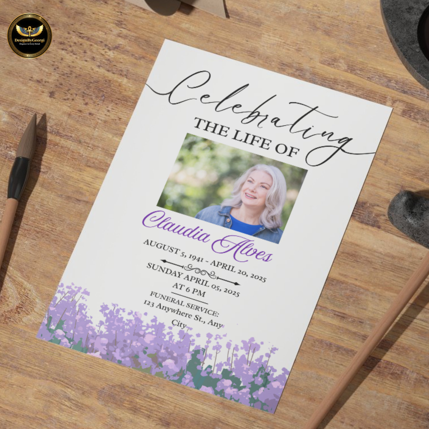 Funeral Invitation Template White Background with Soft Mauve Florals Editable Canva Memorial Digital Download
