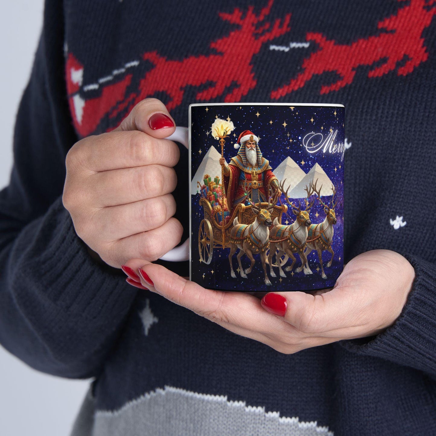 Egyptian Christmas Mug - Anubis Santa Sphinx Holiday Cup - Unique Pharaoh Christmas GiftMerry Sleigh Night reindeer sleigh Mug | Christmas