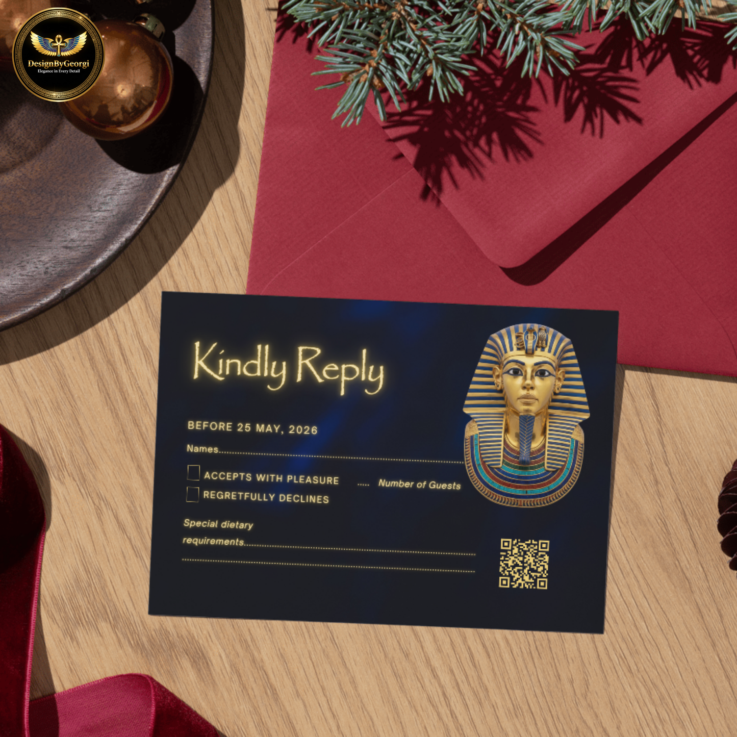 Navy Velvet Egyptian Wedding Invitation – Gold Hieroglyphic Frame & Tutankhamun Mask