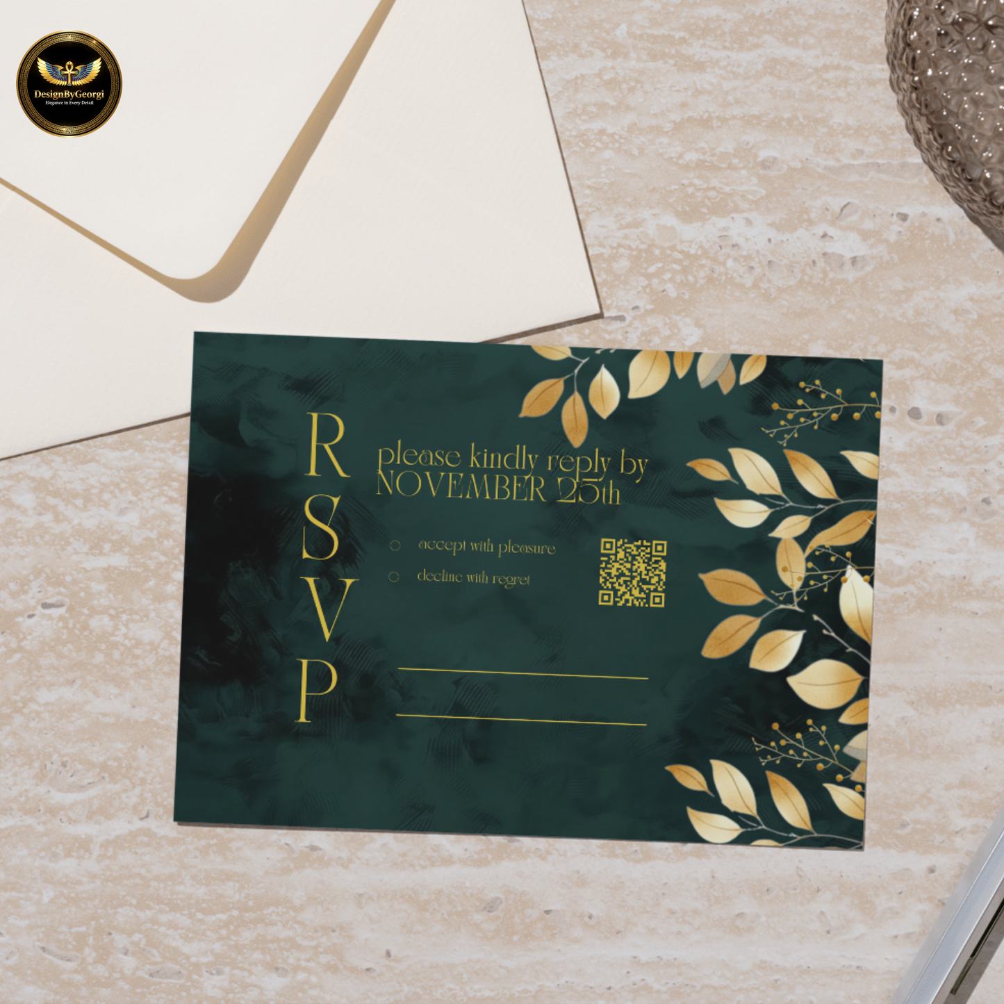 Emerald Velvet Wedding Invitation Suite – New Edition, Golden Leaf Botanical Design, Luxurious Elegant Editable Canva Set