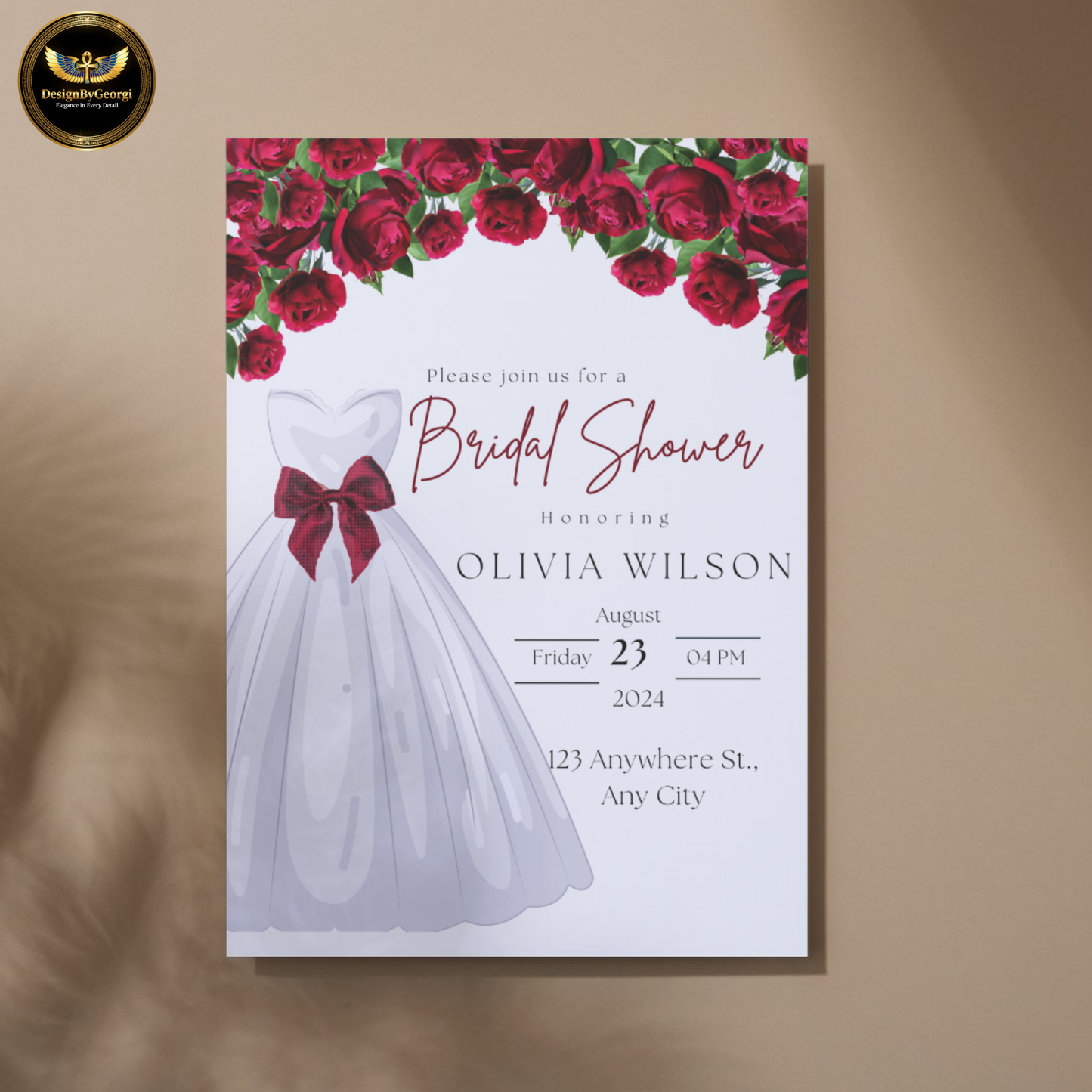 Red Floral Bridal Shower Invitation Template, White Wedding Dress with Red Bow, Elegant Bridal Shower Invite, Editable Canva