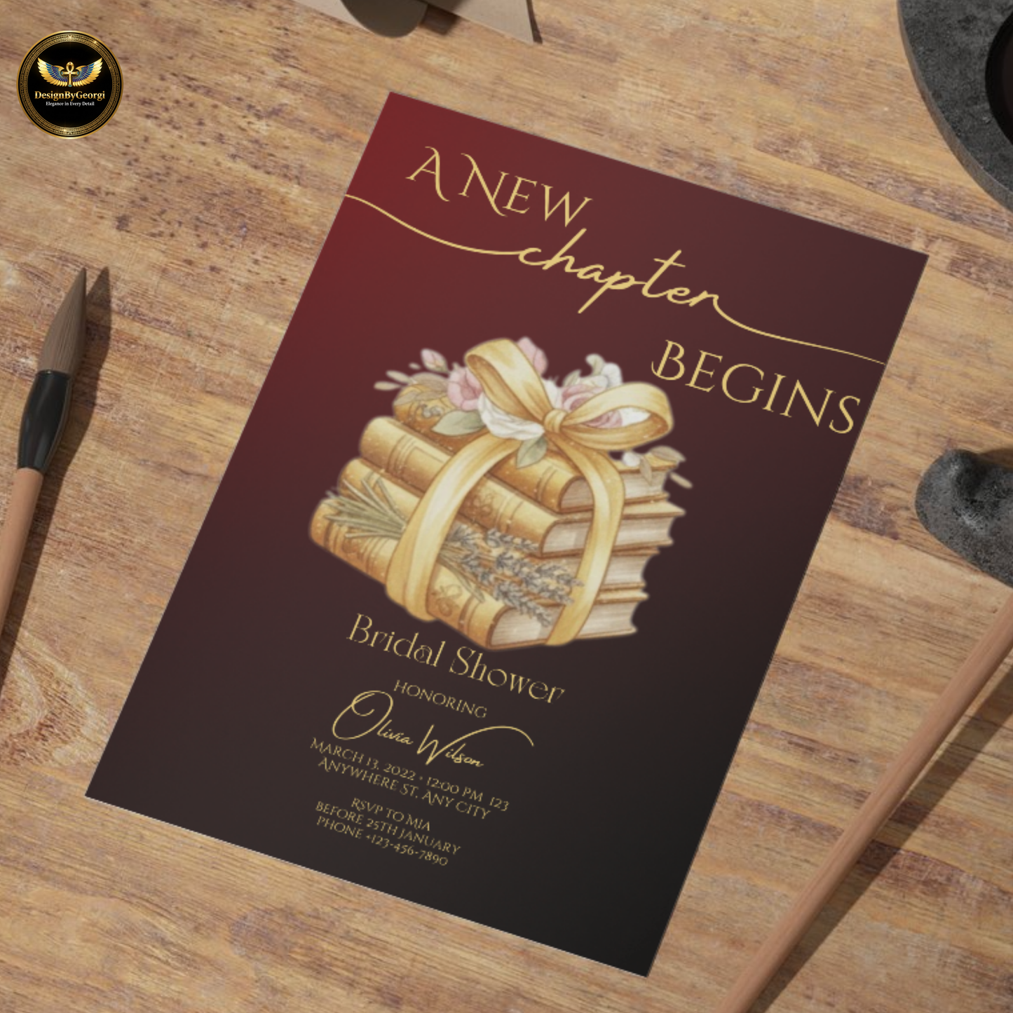 New Chapter Begins – Burgundy & Gold Bridal Shower Invitation