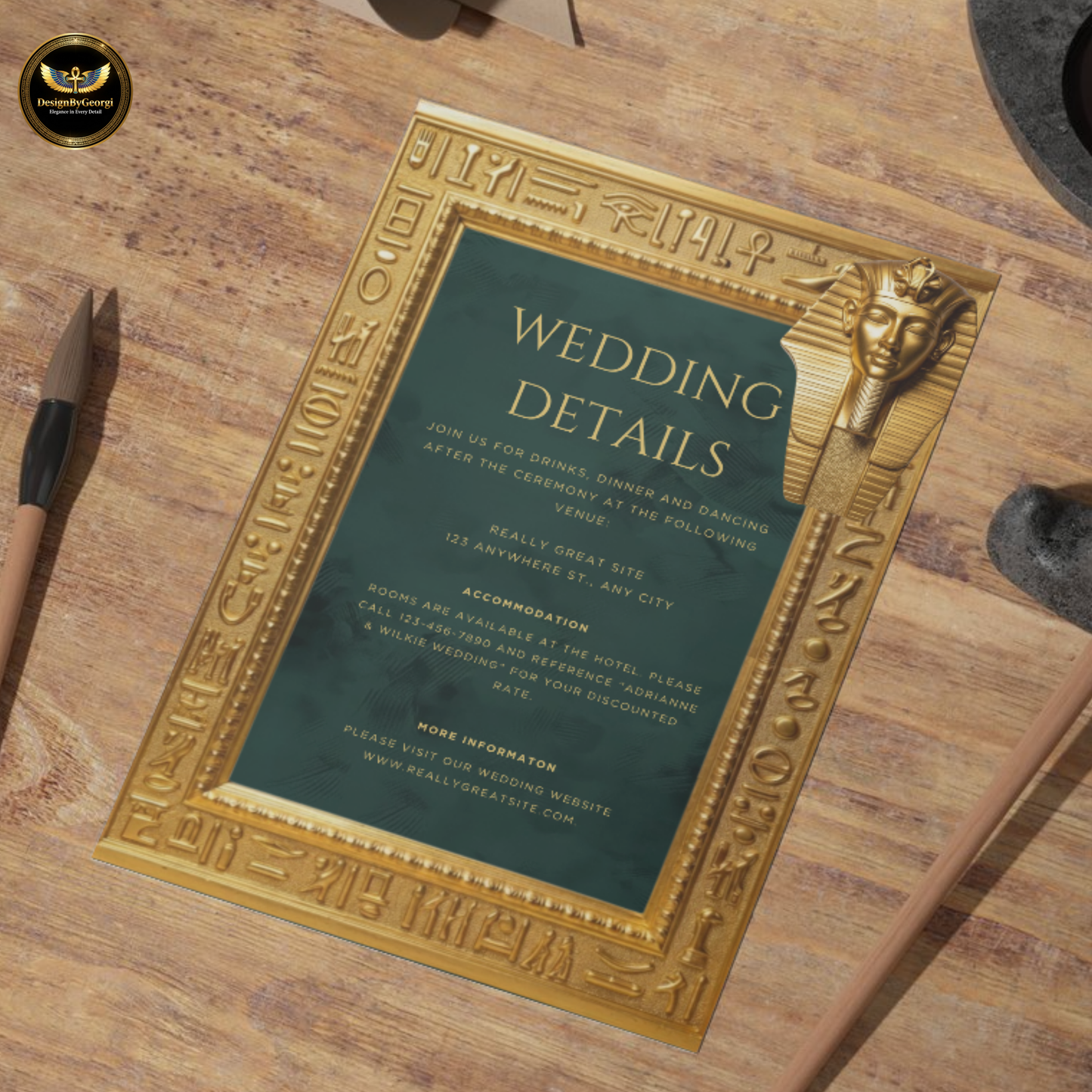 Emerald Velvet Egyptian Wedding Invitation – Gold Hieroglyphic Frame & Tutankhamun Mask