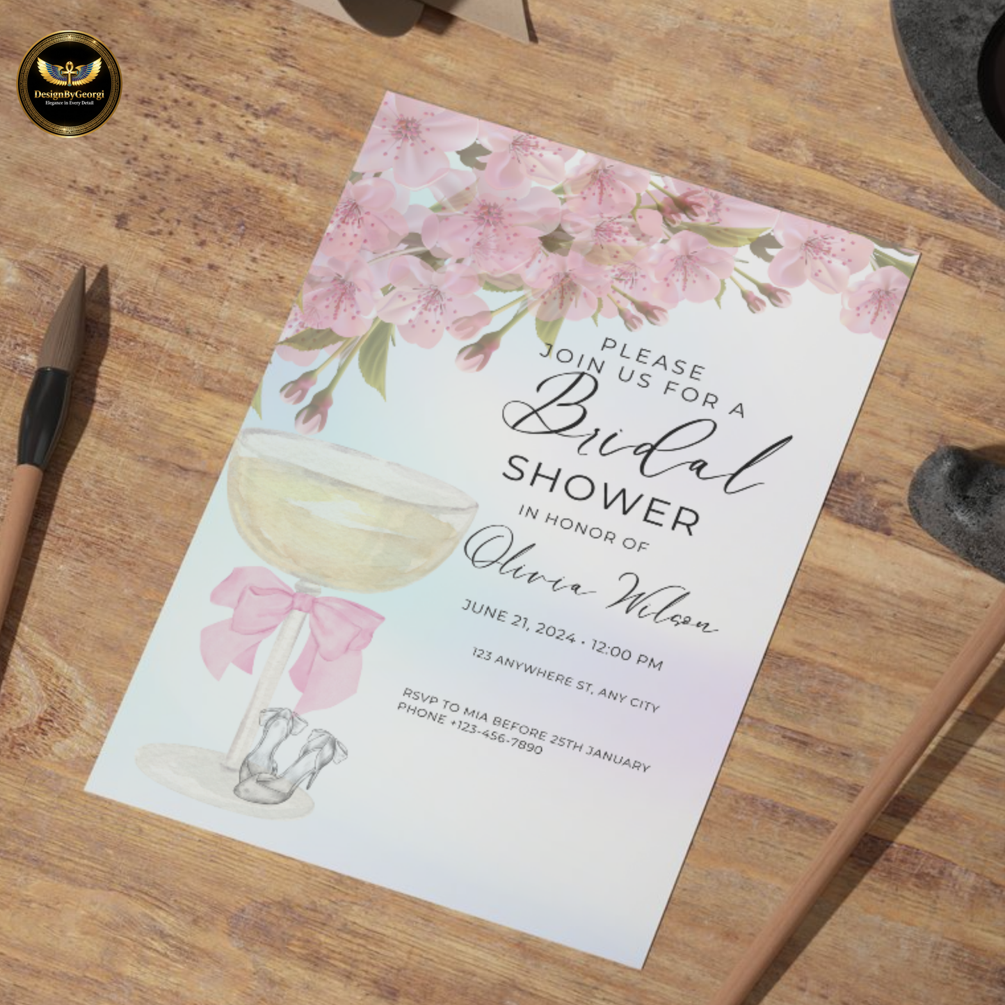 Elegant Pastel Pink Bridal Shower Invitation with Champagne Glass, Pink Bow, Wedding Shoes, Pink Floral Accents, Editable Canva Template, Digital & Printable