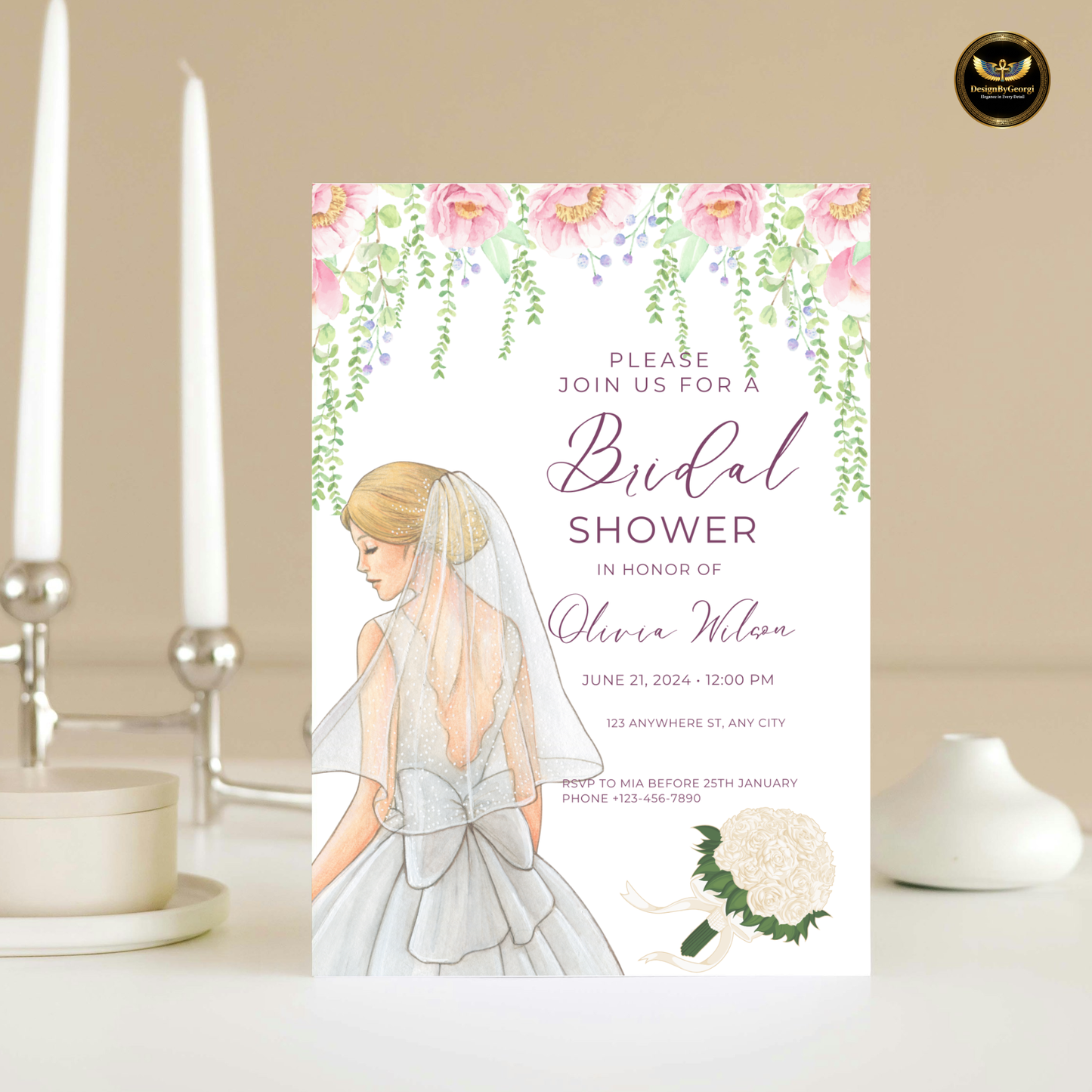 Pink Watercolor Bridal Shower Invitation Template, White Background, Floral Arch with Hanging Branches, Watercolor Bride, Editable Canva