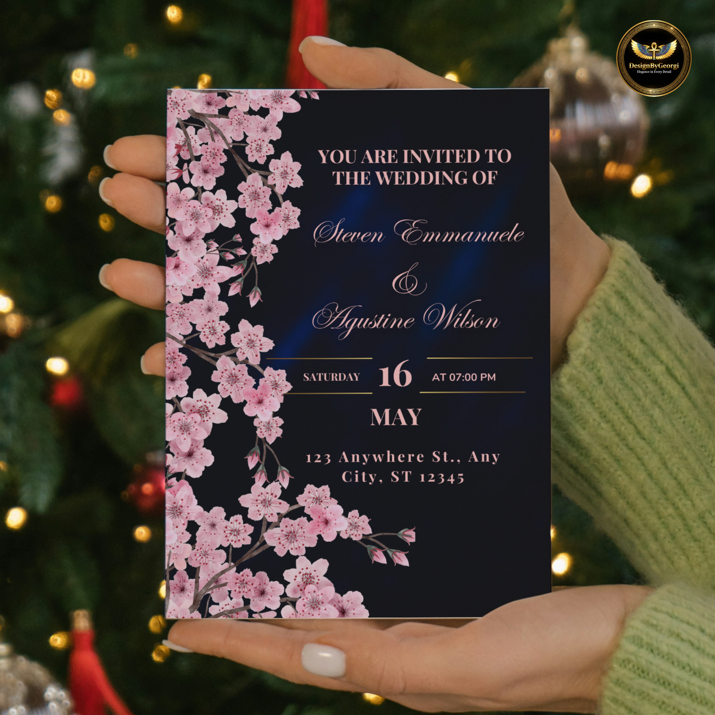 Navy & Blush Velvet Luxury Wedding Invitation Template, Editable Canva Wedding Suite, Elegant Navy Blue Blush Pink Rose Invite