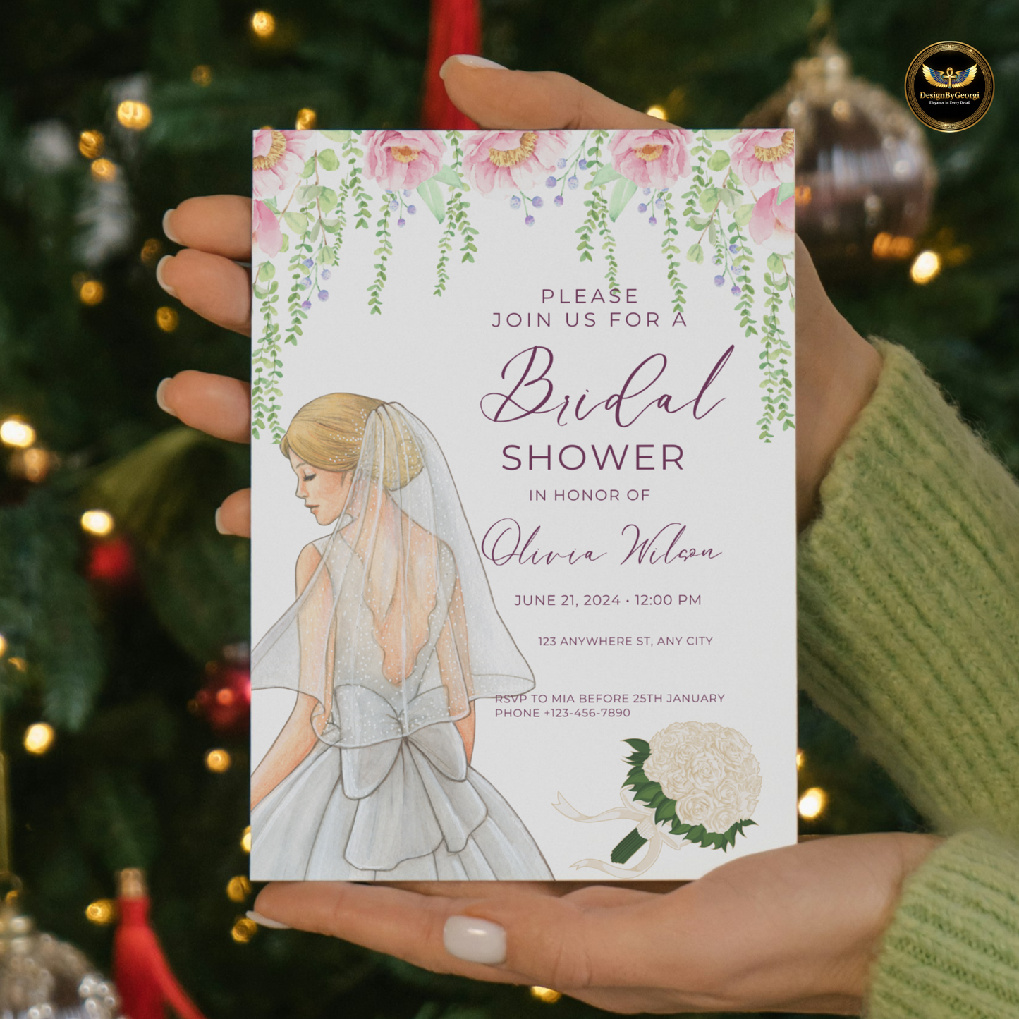 Pink Watercolor Bridal Shower Invitation Template, White Background, Floral Arch with Hanging Branches, Watercolor Bride, Editable Canva