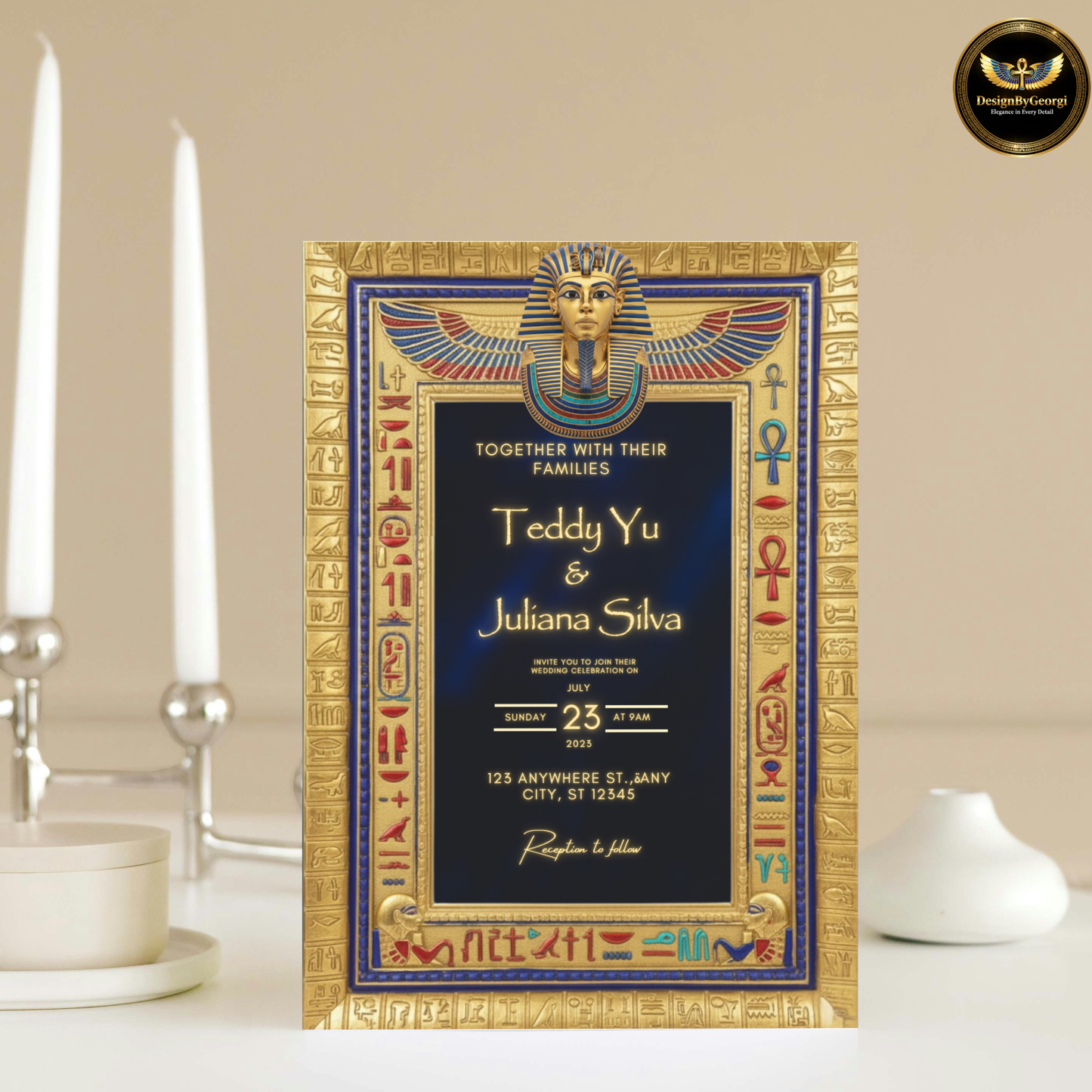 Navy Velvet Egyptian Wedding Invitation – Gold Hieroglyphic Frame & Tutankhamun Mask
