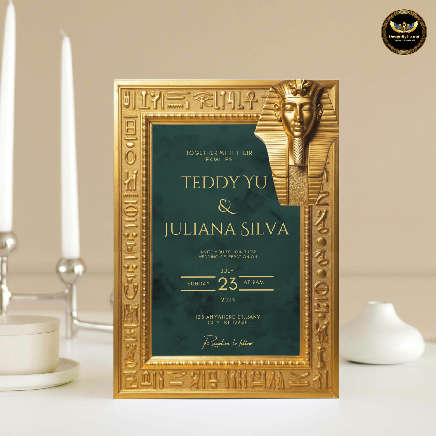 Emerald Velvet Egyptian Wedding Invitation – Gold Hieroglyphic Frame & Tutankhamun Mask