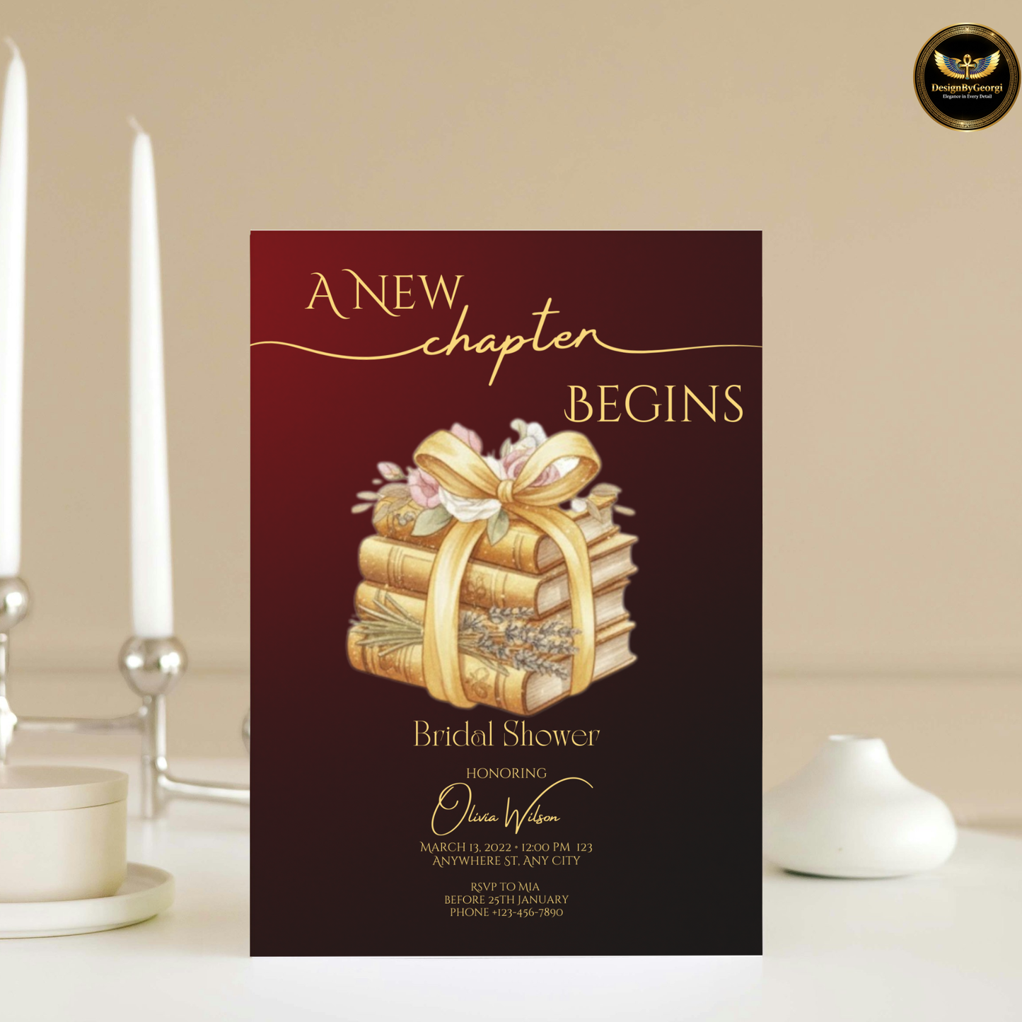 New Chapter Begins – Burgundy & Gold Bridal Shower Invitation