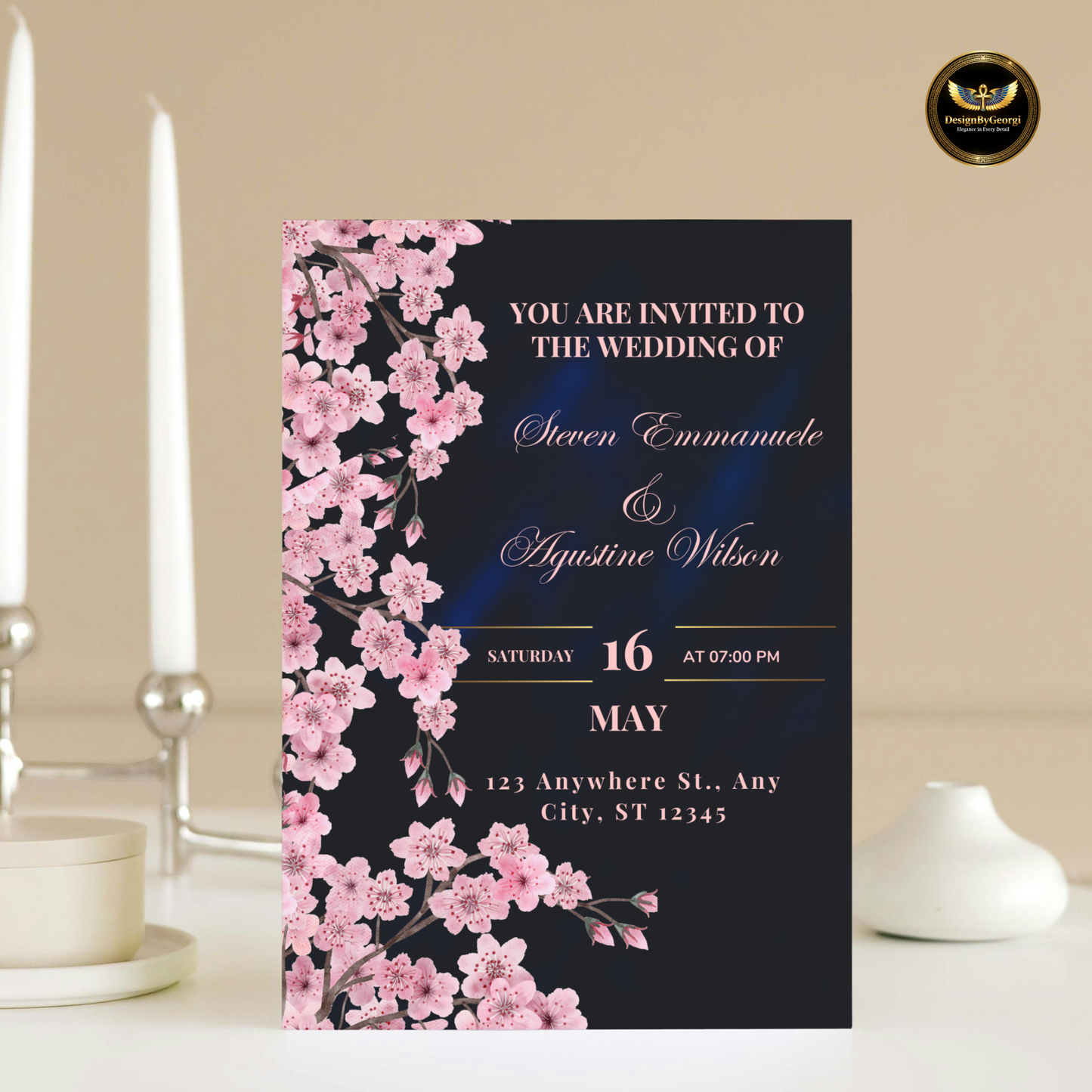 Navy & Blush Velvet Luxury Wedding Invitation Template, Editable Canva Wedding Suite, Elegant Navy Blue Blush Pink Rose Invite