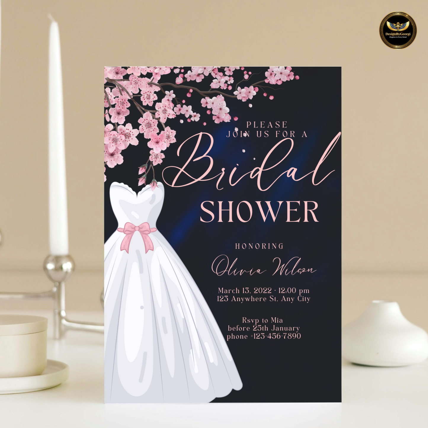 Dusty Rose Bridal Shower Invitation: Cherry Blossom, Navy Digital Template Printable Invitation Template Editable Canva Instant Download