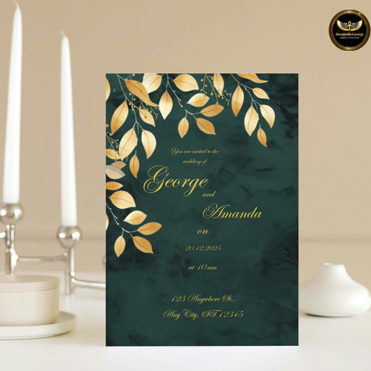 Emerald Velvet Wedding Invitation, Golden Leaf Botanical Design, Luxury Elegant Invite, Editable Canva Main & Digital Version